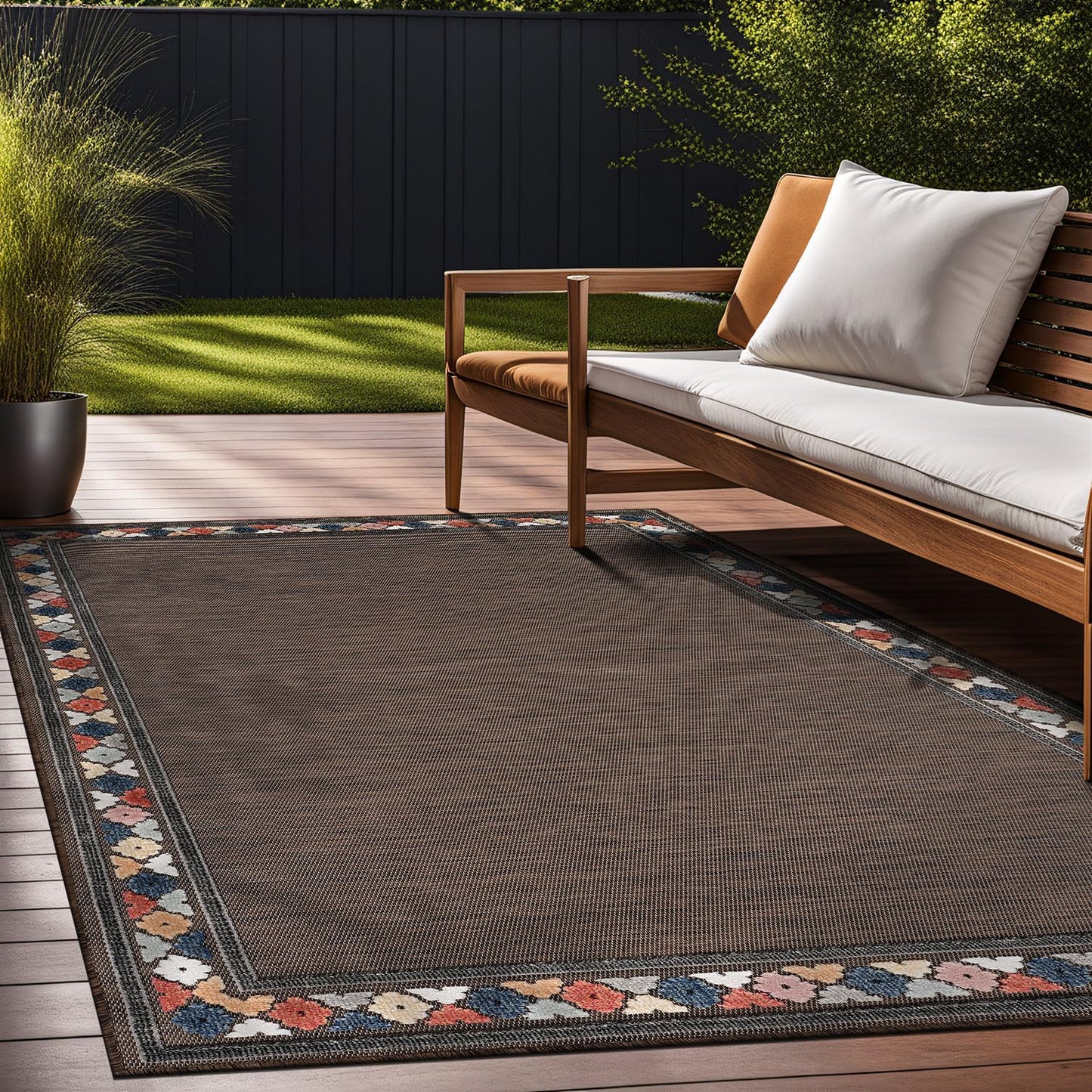 Beverly Rug Outdoor Rug 9x12 Modern Bordered Large Area Rugs for Indoor and Outdoor Patio Easy to Clean Non Shedding Living Room Porch Garden Washable Outside Carpet (9 x 12 Brown)