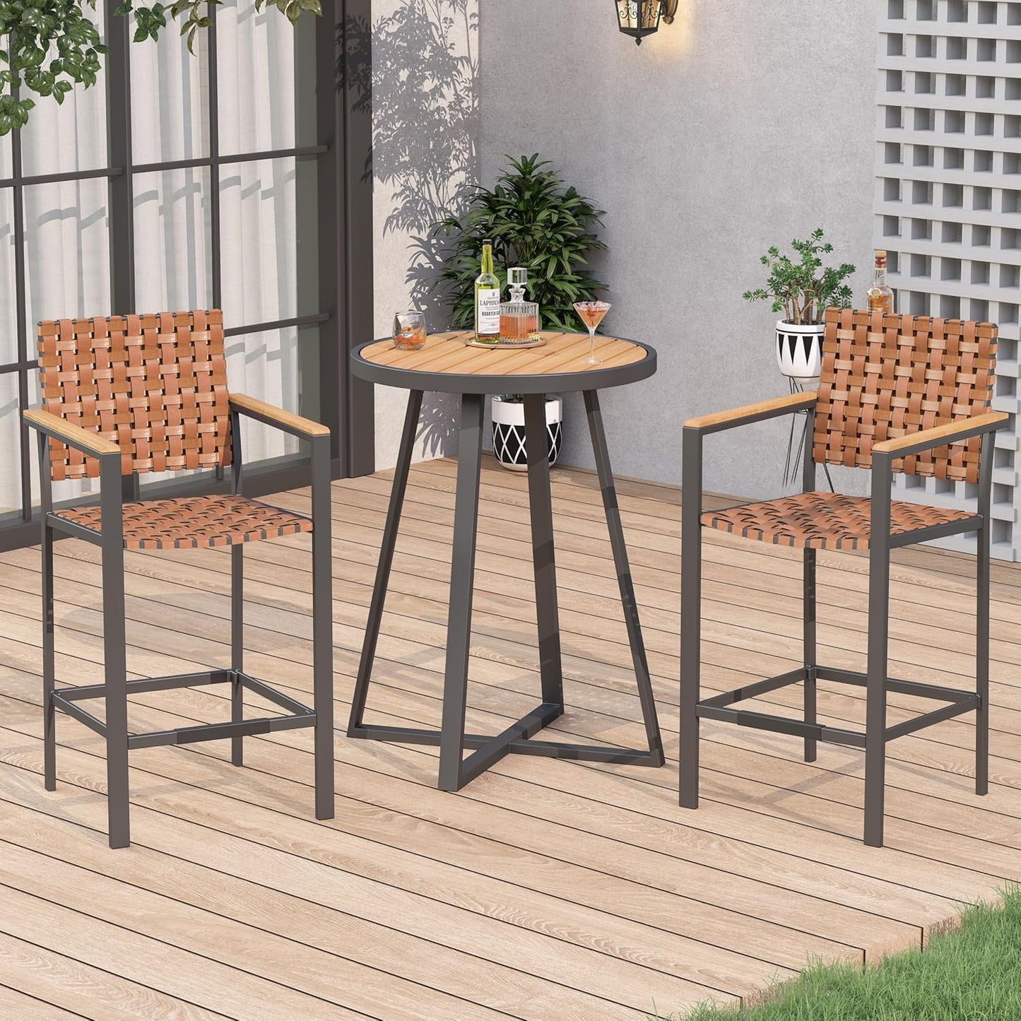 3 Piece Bar Height Patio Table and Chairs Set, High Top Bistro Set with Fauxwood Armrest, Outdoor Bar Stools and Table Sets for Garden, Backyard, Home, Balcony