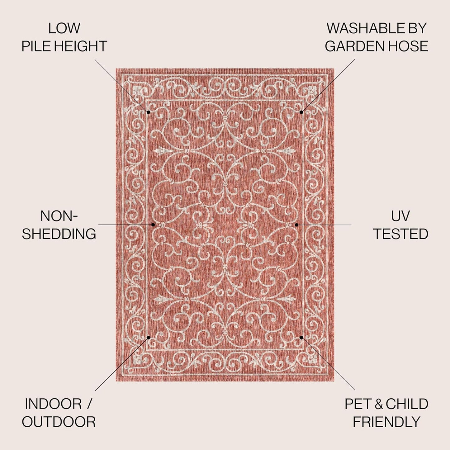 JONATHAN Y SMB106B-9R Charleston Vintage Filigree Textured Weave Red/Beige 9' Round Indoor/Outdoor Area Rug, Pet Friendly, Non-Shedding, Stain Resistant, Easy-Cleaning for Backyard, Patio, Porch