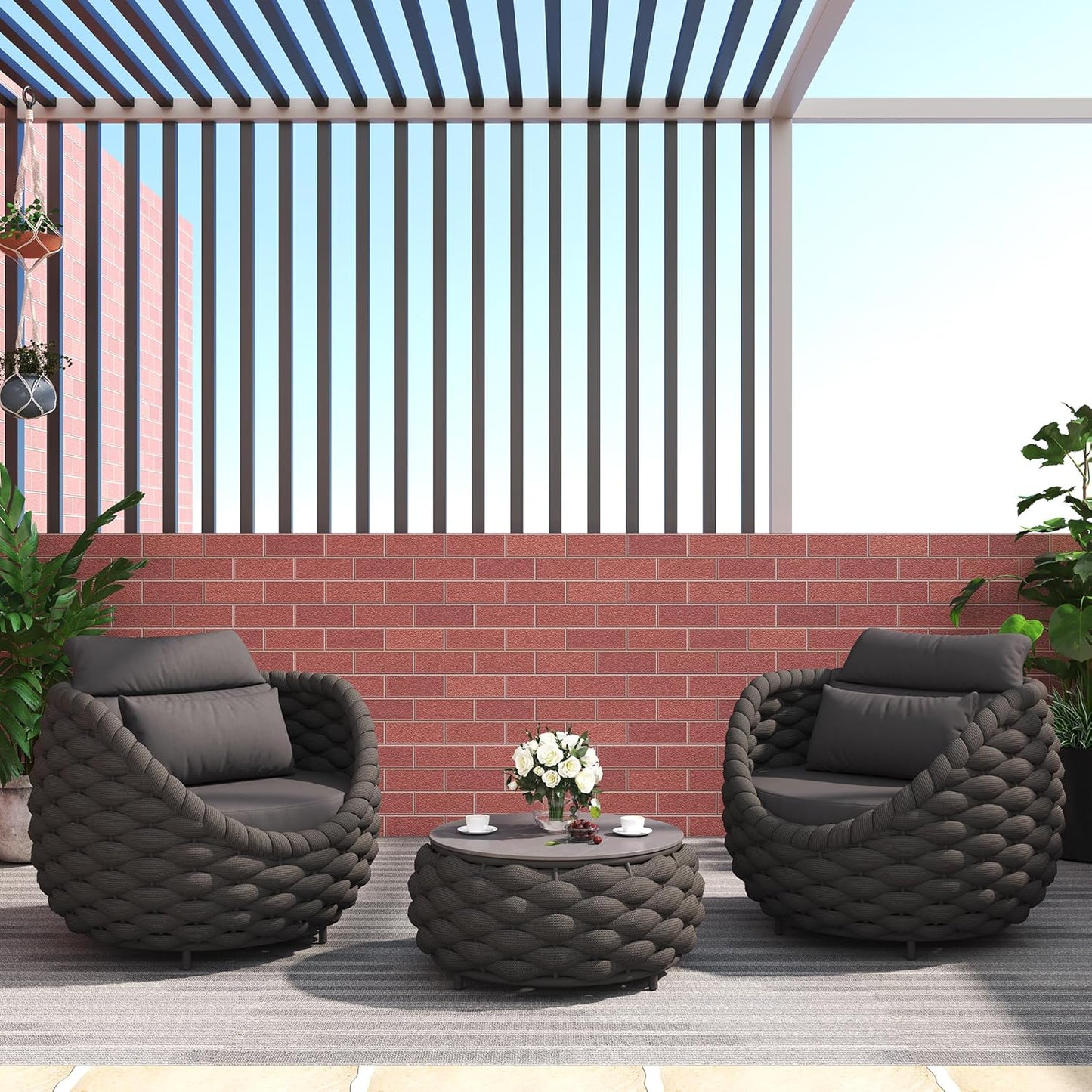 TWT 3 Pieces Aluminum Patio Furniture Set, Hand Woven Polyester Rope Modern Outdoor Set w/Washable Cushion Conversation Sofa Set Apartment Furniture for Poolside Balcony (Dark Grey)