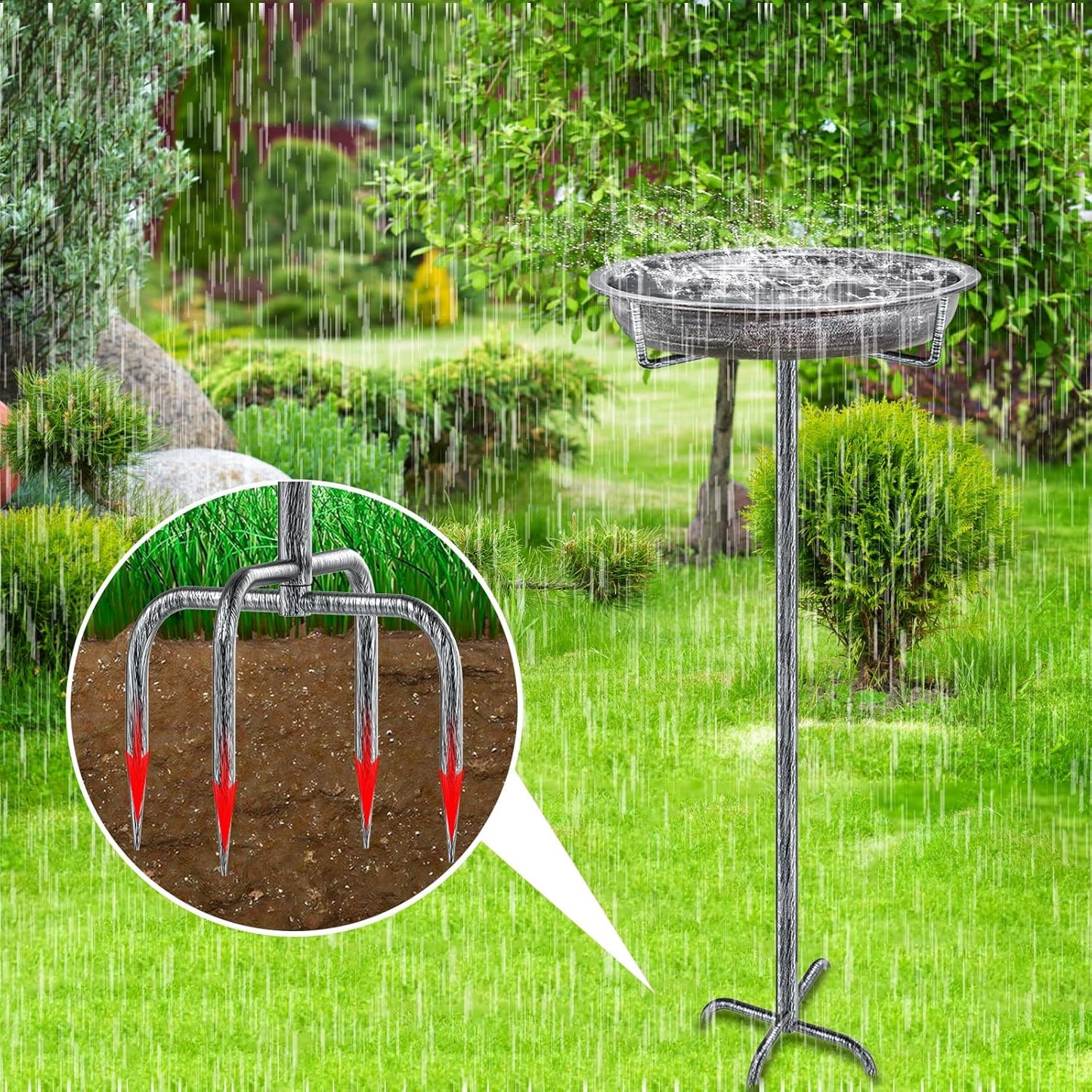 Metal Bird Bath for Outdoors Garden Birdbath Bowl, 36.2" Height Freestanding Bird Feeders for Outside with 4 Prongs Base Stake, Standing Birdfeeders for Yard Lawn Decor (Retro Silver)