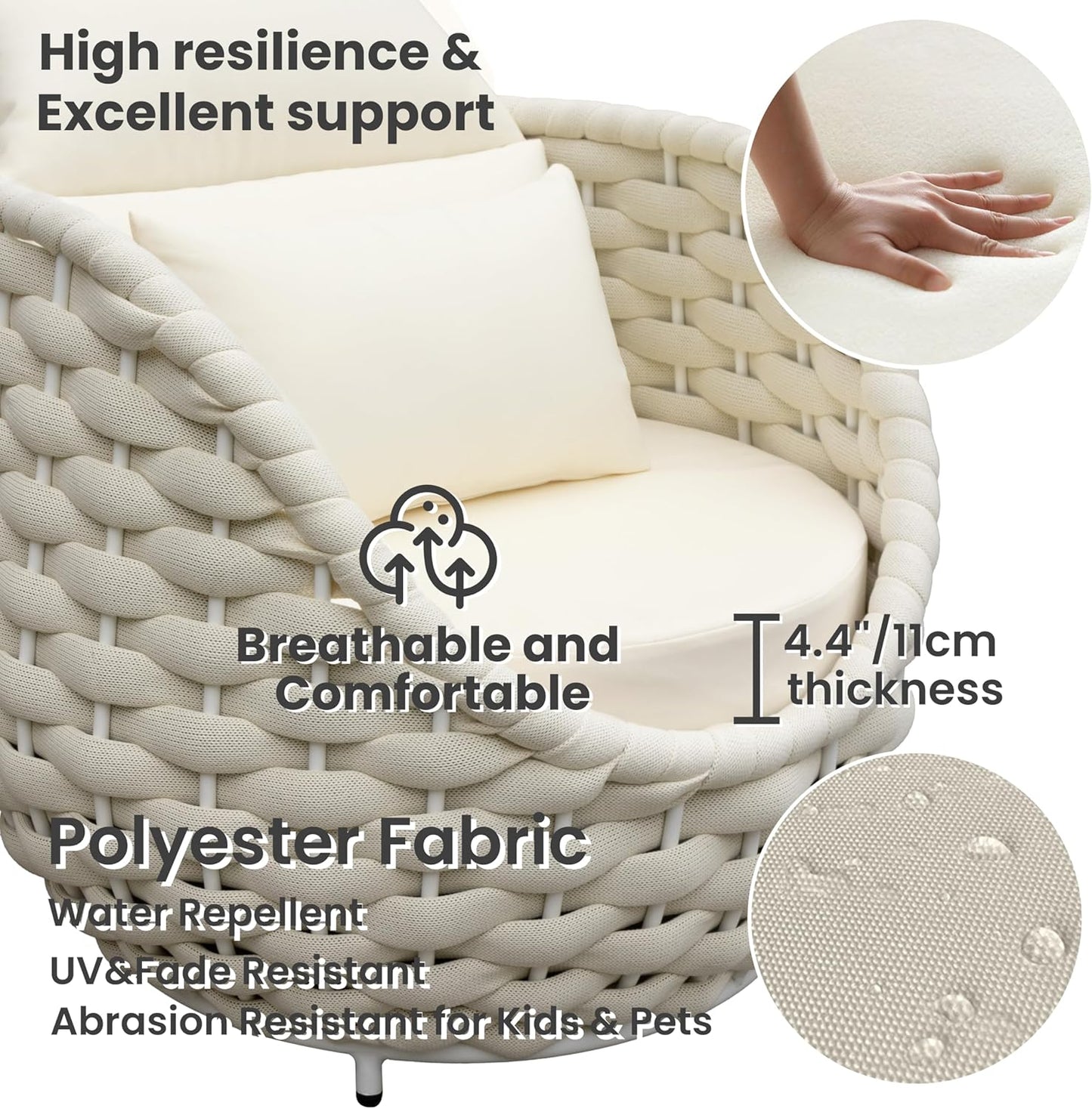 Front Porch Furniture Set 3 Piece: Aluminum Woven Rope Patio Conversation Sofa Set for 2 - Assembled Outdoor Deck Couch Armchair Set Cushions - for 400lb Balcony Pool Yard Bistro Hotel Lanai - Beige