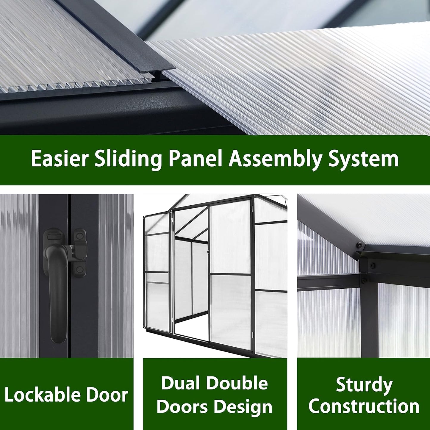 8x16 FT Polycarbonate Aluminum Greenhouse Kit, Outdoor Walk-in Green House with Adjustable Roof Vents and Lockable Door, Backyard Garden in Winter, Gray