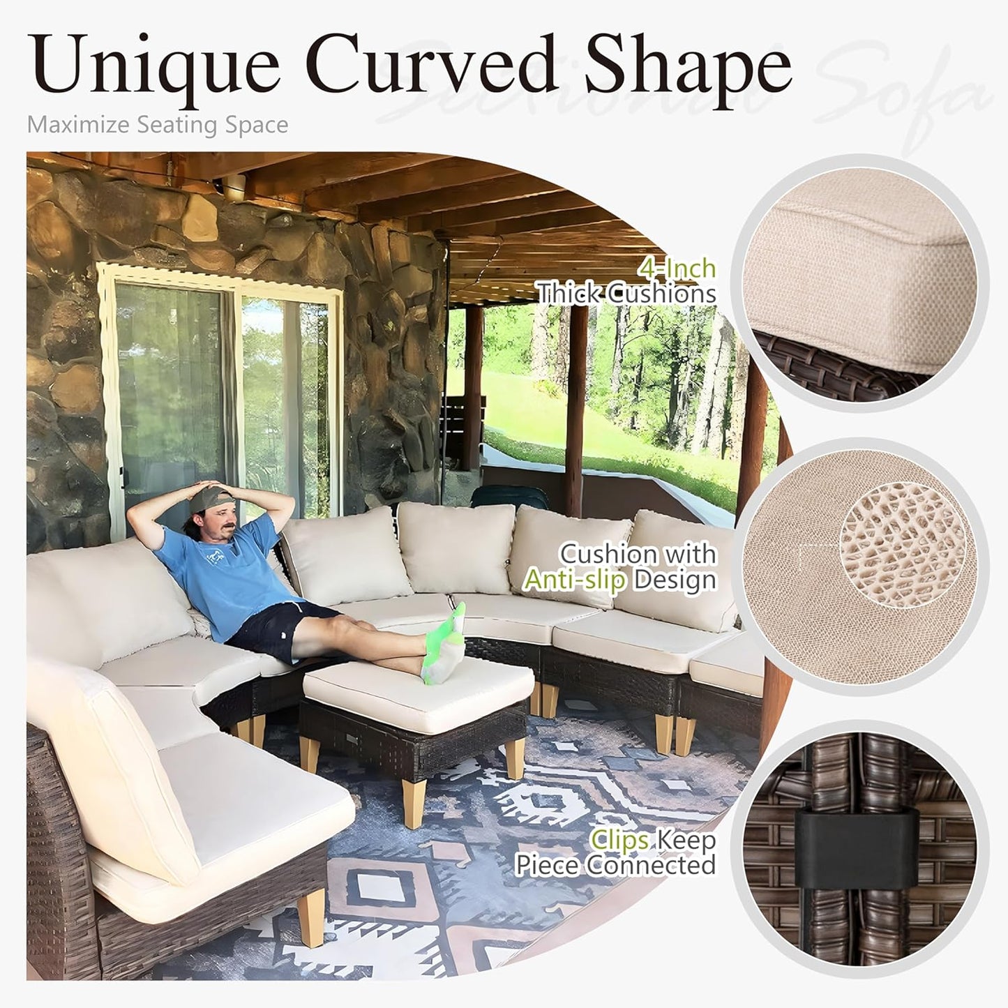 Sophia & William Half-Moon Outdoor Patio Furniture Set 9 Piece Large & High Back Wicker Rattan Patio Sectional Furniture Sofa Set Fan-Shaped Conversation Set with Ottomans & 4" Thick Cushions, Beige