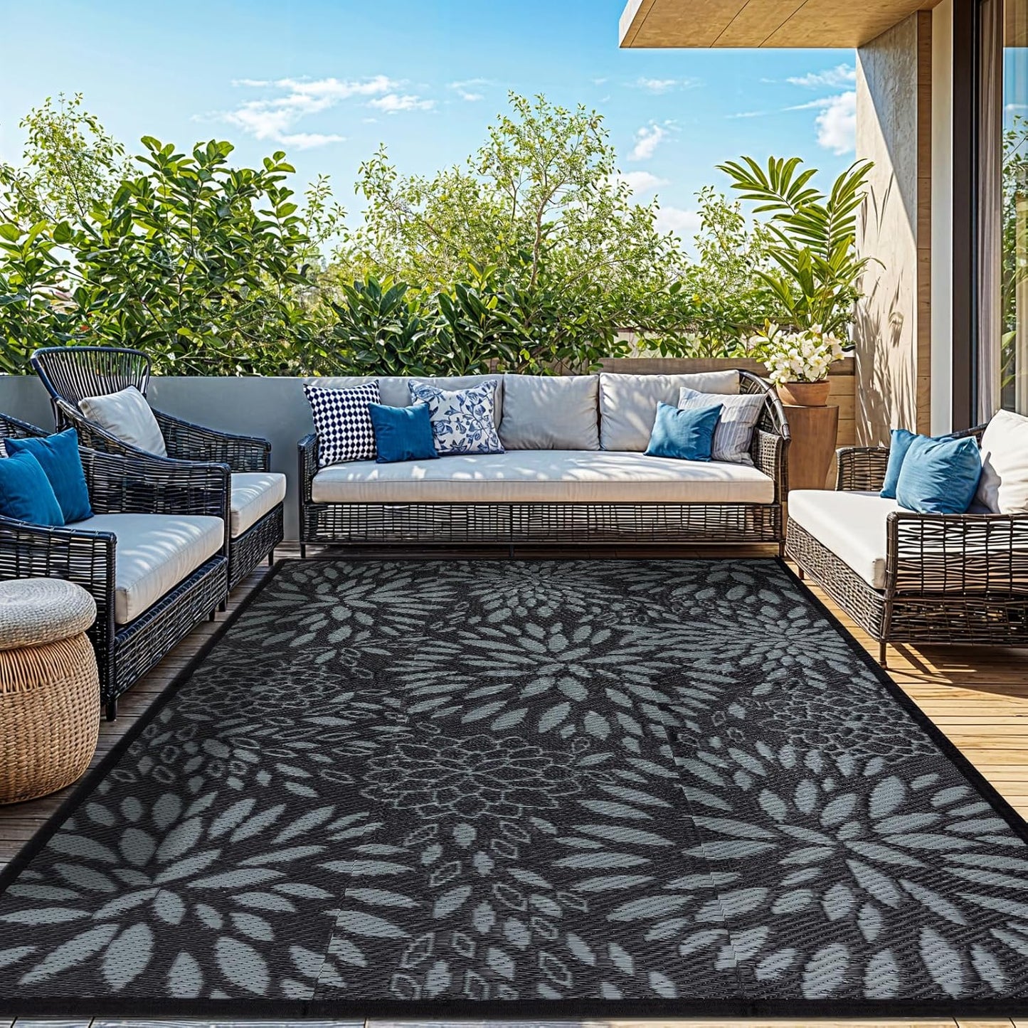 5'x8' Reversible Outdoor Rug - Eco-Friendly Plastic Straw Rug-Heavy-Duty Waterproof Mat, UV & Fade Resistant for Patio, Camping, RV, Deck, Balcony(5x8,Black&Floral)