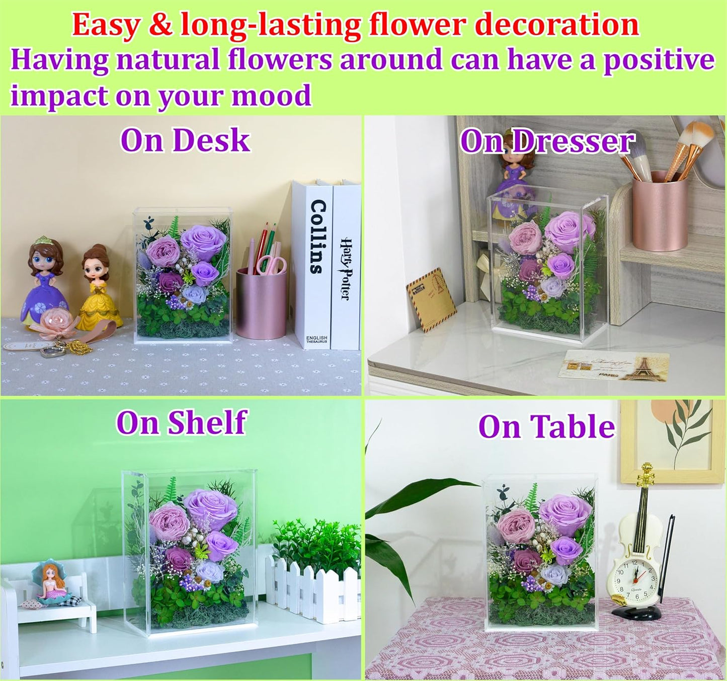 Valley of Rain & Forest Long-Lasting Real Flowers, Handcrafted Preserved Rose Bush For you to Send Love for All Occasions, Floral Arrangement for Indoor Decoration (Purple Rose)
