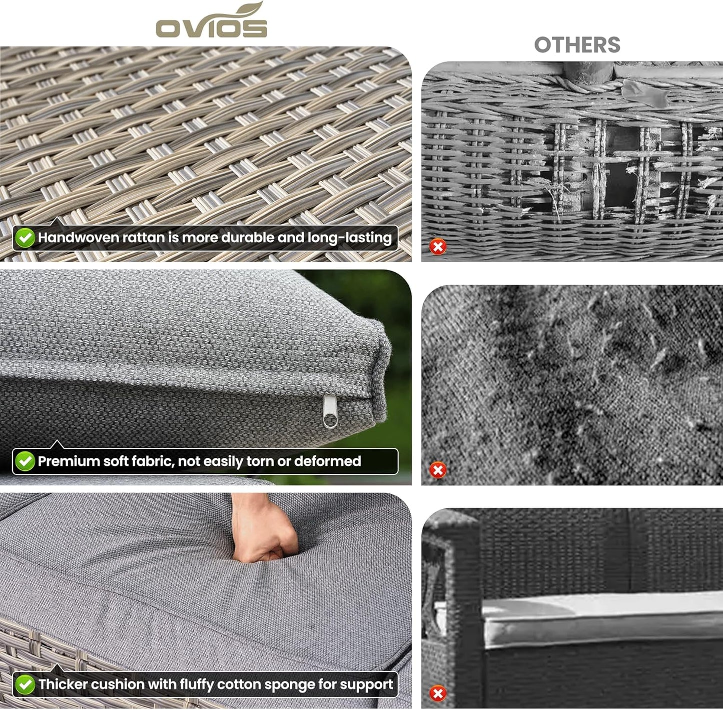 ovios 5 Pieces Patio Furniture Set Outdoor Sectional Sofa Couch with Deep Seat Chaise Comfy Cushions, Modern Modular Wicker Rattan Conversation Set Porch Deck Garden, Dark Grey