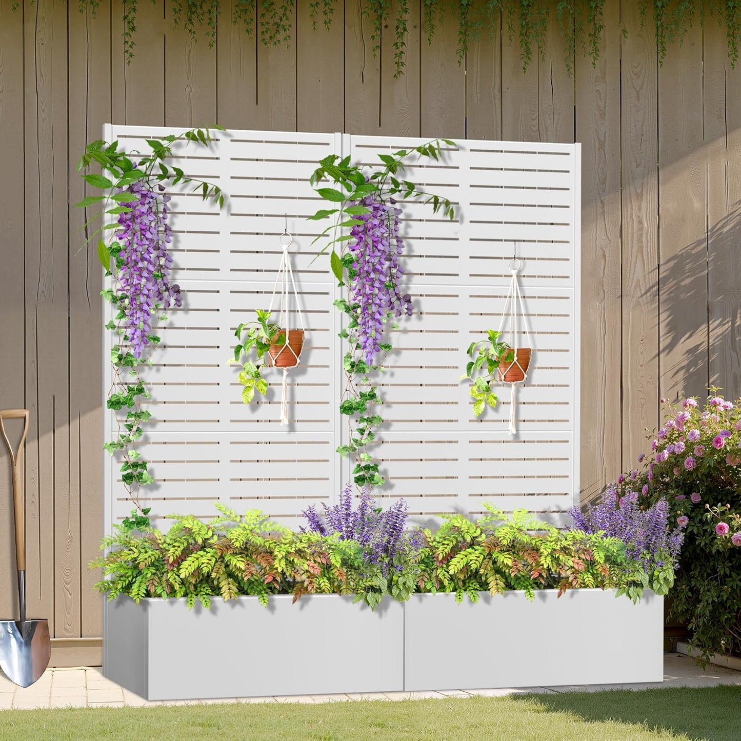 Metal Planter Box with Trellis, Heavy-Duty Raised Garden Bed for Climbing Plants, Drainage Hole, Outdoor Planter Box with Privacy Screen，35''L×16''W×71''H