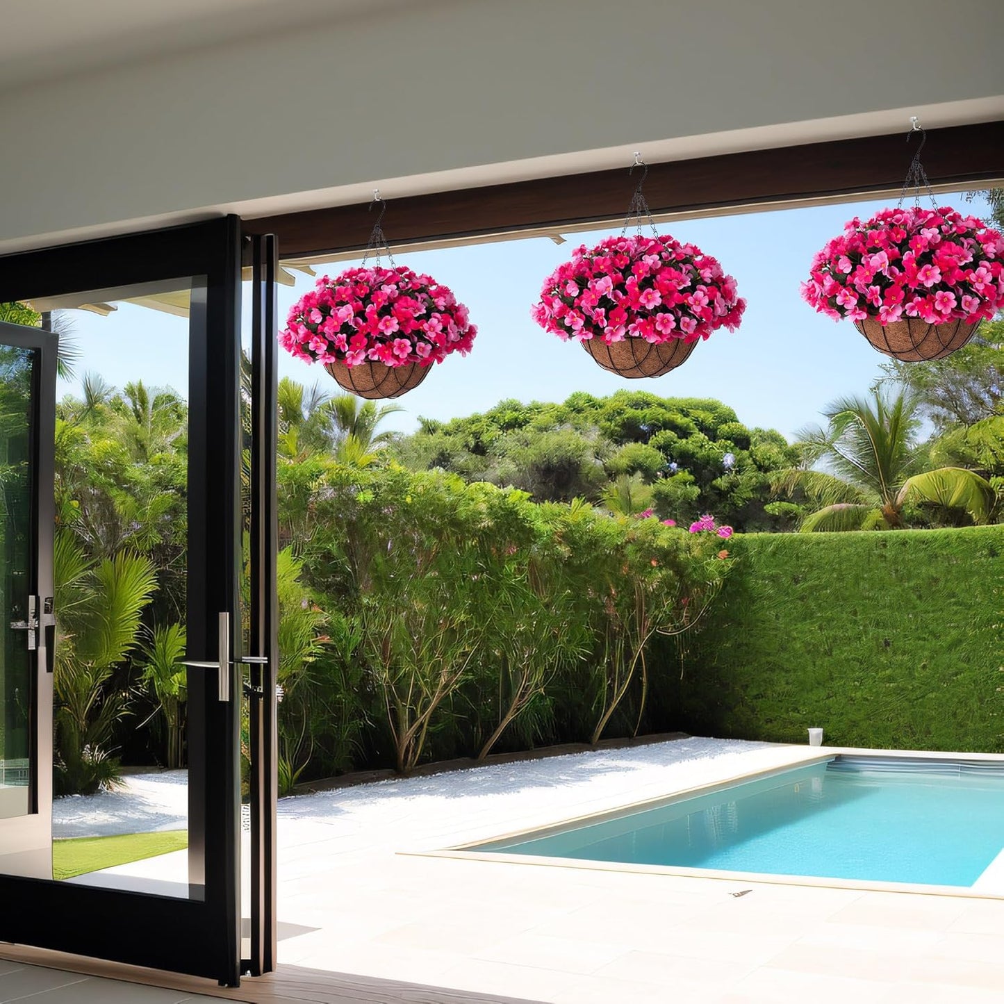 Artificial Hanging Flowers with 12" Basket for Outdoor Decor, Fake Hydrangea UV Resistant Arrangements in Pot Indoor Porch Garden Yard Spring Summer Decor(Double Rose)