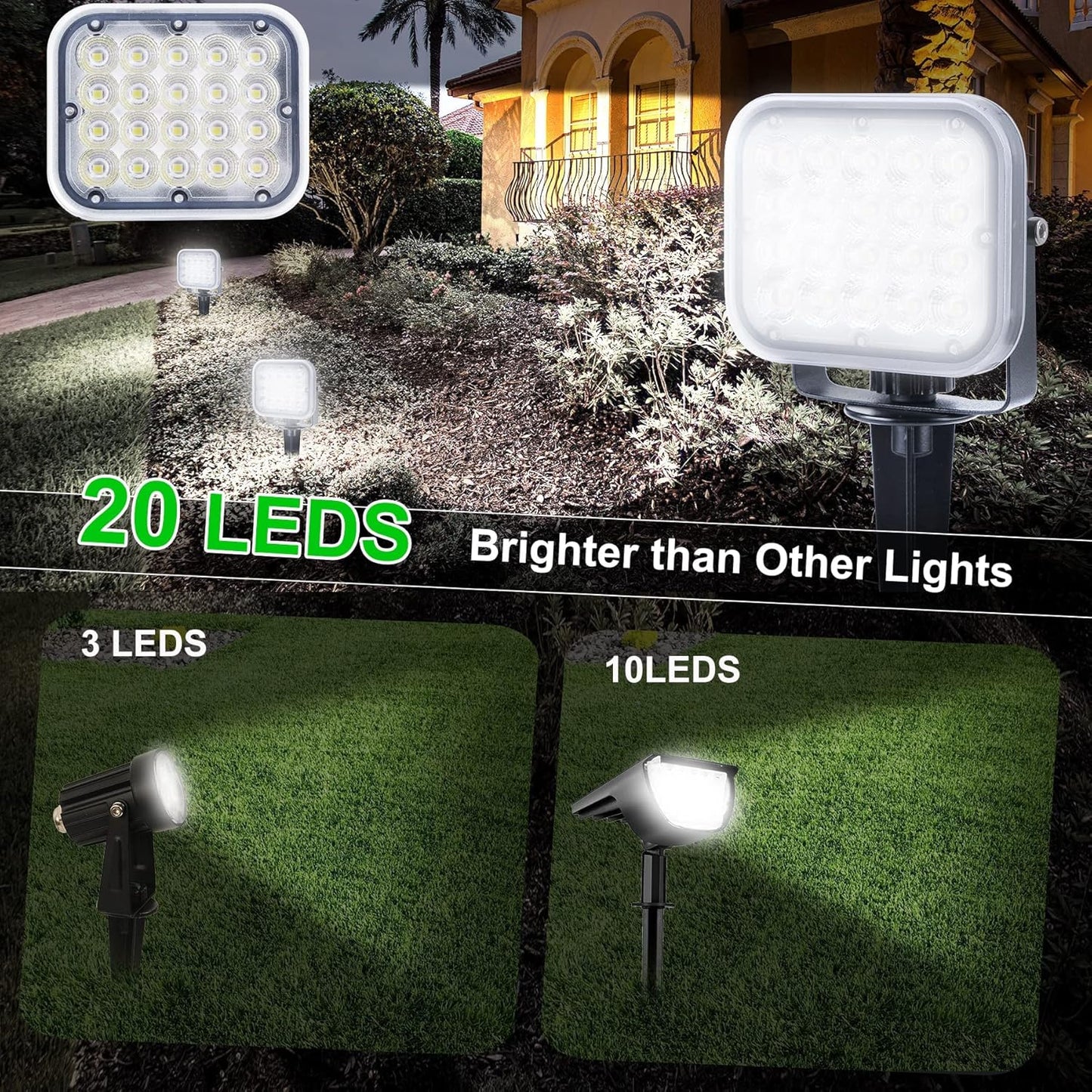 Solar Spot Lights Outdoor, 20 LED IP65 Waterproof Landscape Lighting, Dusk-to-Dawn 6000K Cold White Spotlights for Yard Garden Driveway Porch Walkway, 2-in-1