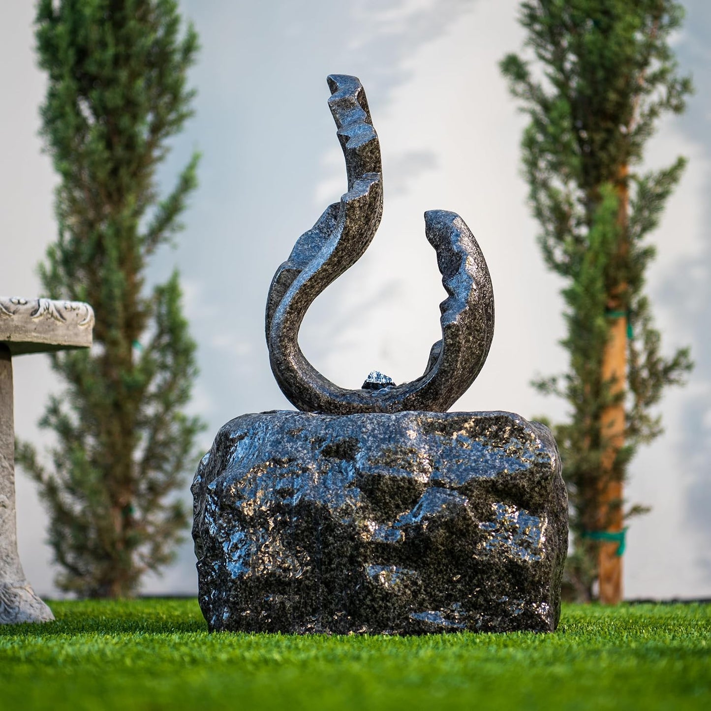 XBrand 25 in H Stone-Look Sculptural Modern Freestanding Fiber Resin Outdoor Garden Fountain w/LED Light, Black