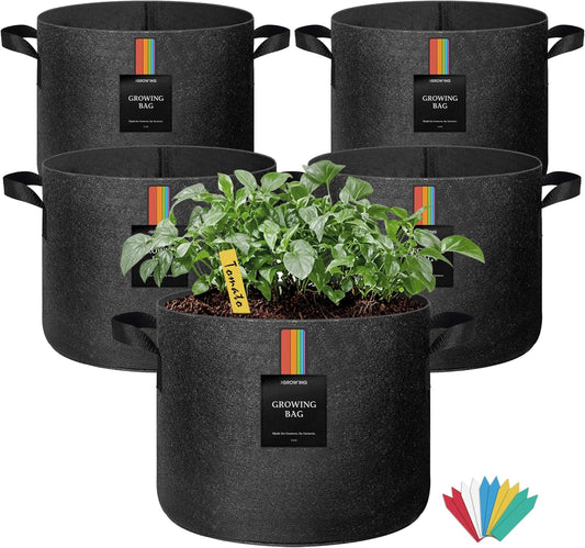 The Growing 5 Pack 5 Gallon Fabric Grow Bags，Thickened Aeration Nonwoven Fabric Plant Pots with Durable Handles,Heavy Duty 300G Planter Pot for Tomato, Fruits, Vegetables and Flowers, Black