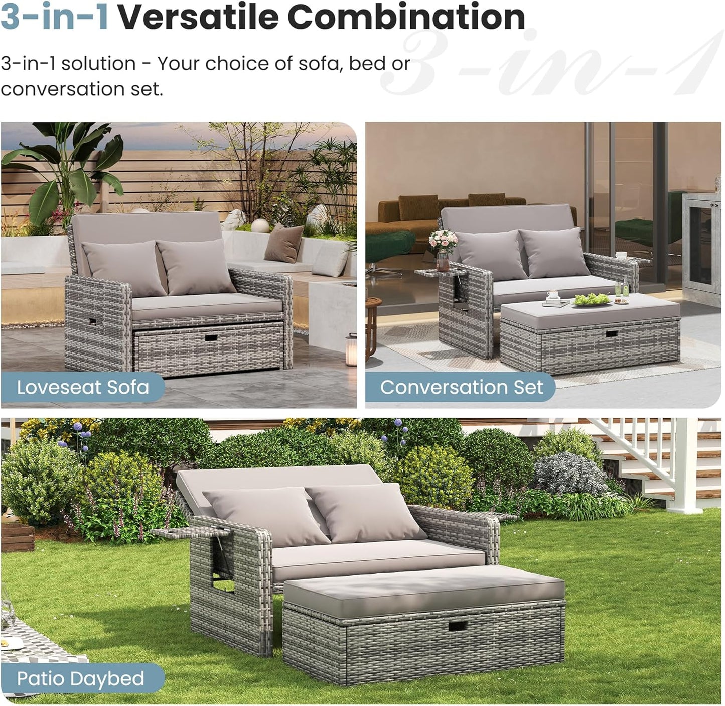 Amopatio Wicker Outdoor Daybed - Outdoor Loveseat with Storage Ottoman,4-Level Adjustable Backrest & Cushions, Patio Loveseat for Yard, Balcony, Porch, Garden, Poolside（Grey）