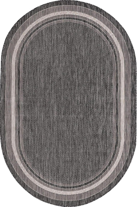 Unique Loom Outdoor Border Collection Area Rug - Soft Border (5' 3" x 8' Oval, Black/ Ivory)