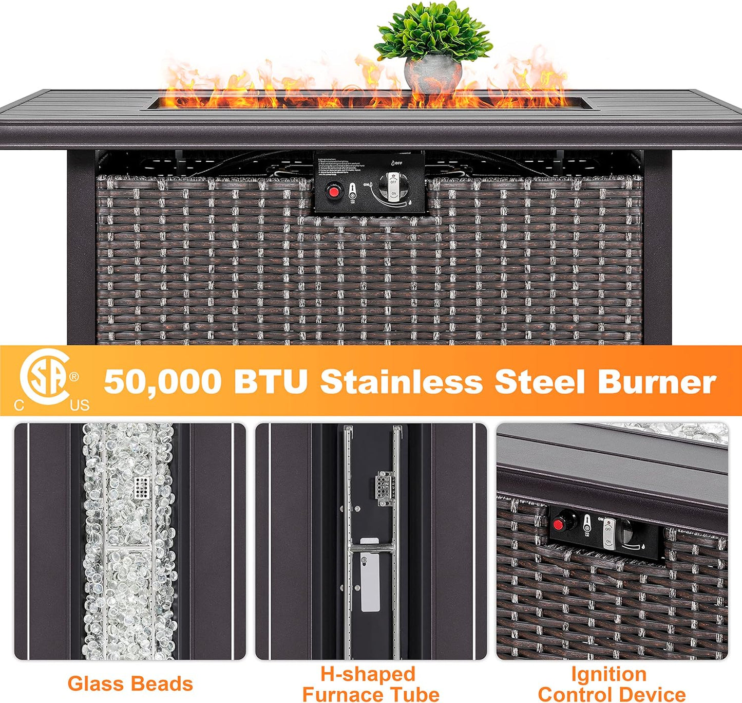 Nuu Garden Outdoor 43 Inch 50,000 BTU Propane Fire Pit Table, CSA Certified Patio Propane Fire Pit with Wind Guard, Lid, Oxford Cover, 7 lbs Glass Stone, Dark Brown