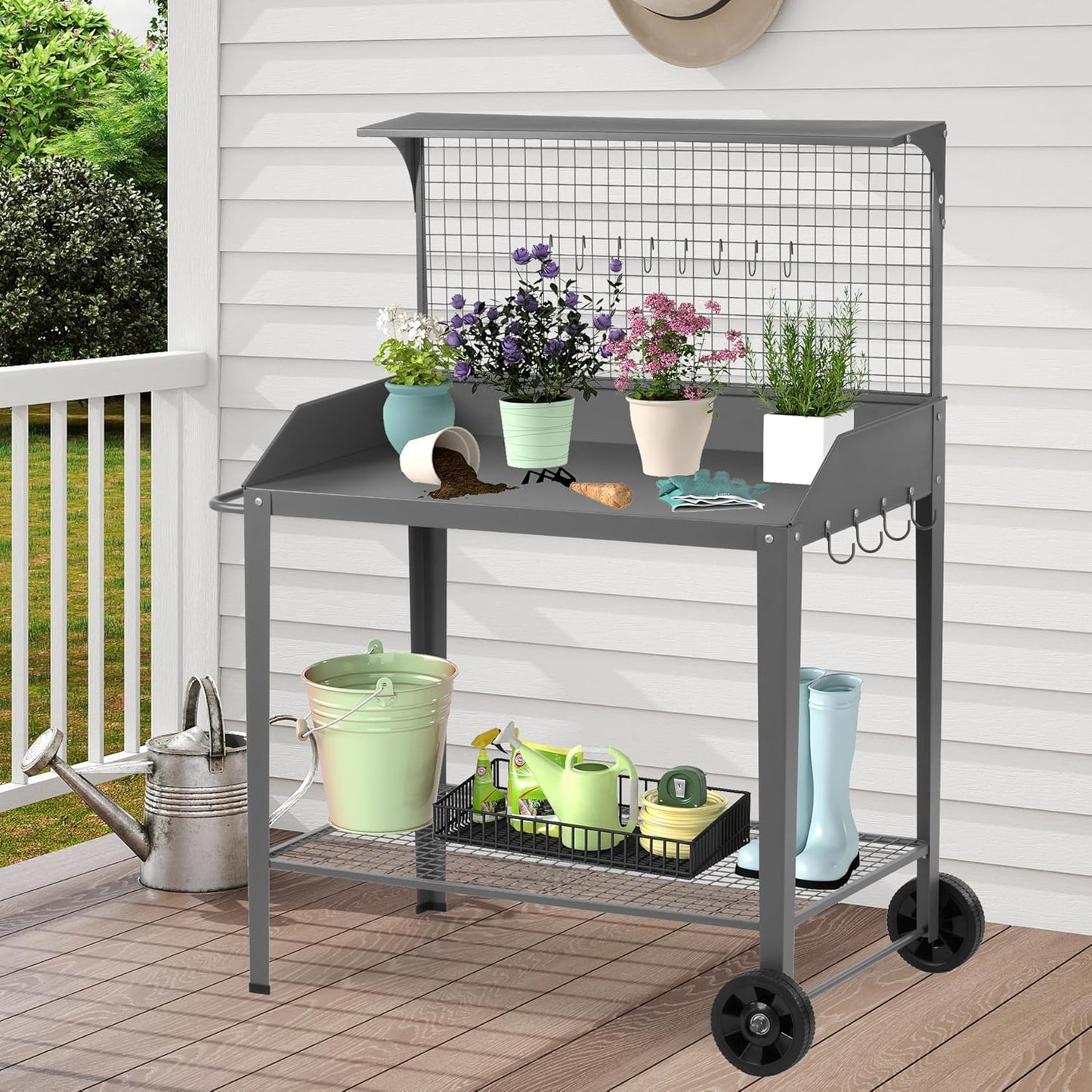 Outdoor Metal Potting Bench with Wheels, Heavy Duty Garden Workbench Table with Storage Shelf (Dark Gray, 52.8"x36.6")