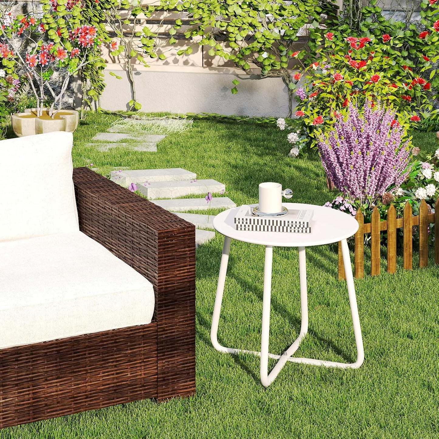 HollyHOME Round Metal Side Table, Rust-Resistant Patio Small Plant Stand, Outdoor 17.32'' Portable End Table for Balconies, Gardens, Living Rooms and Bedrooms, White