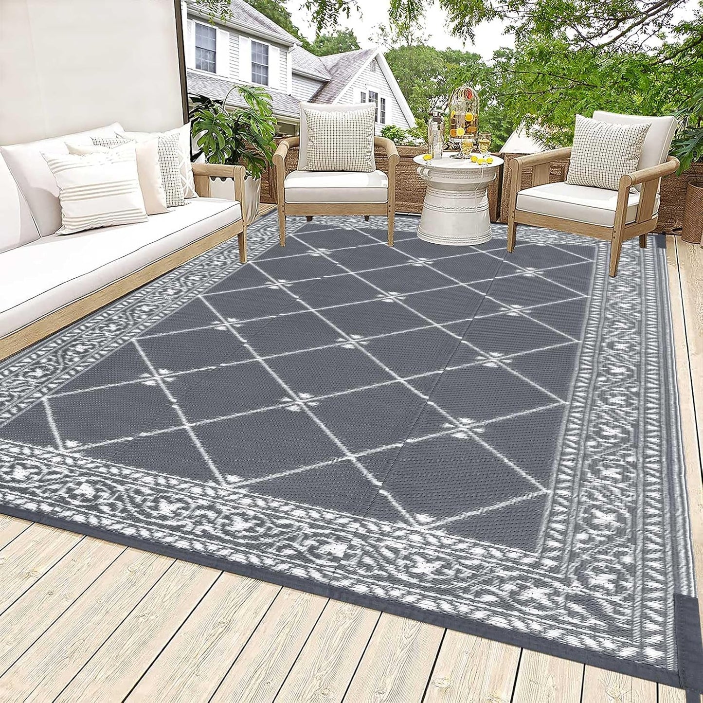 HiiARug Reversible Mat Plastic Outdoor Rugs for Patios Clearance Waterproof Plastic Straw Rug Large Area Rug for Outdoor, Porch, Patio, RV,Camping,5x7Ft, Grey