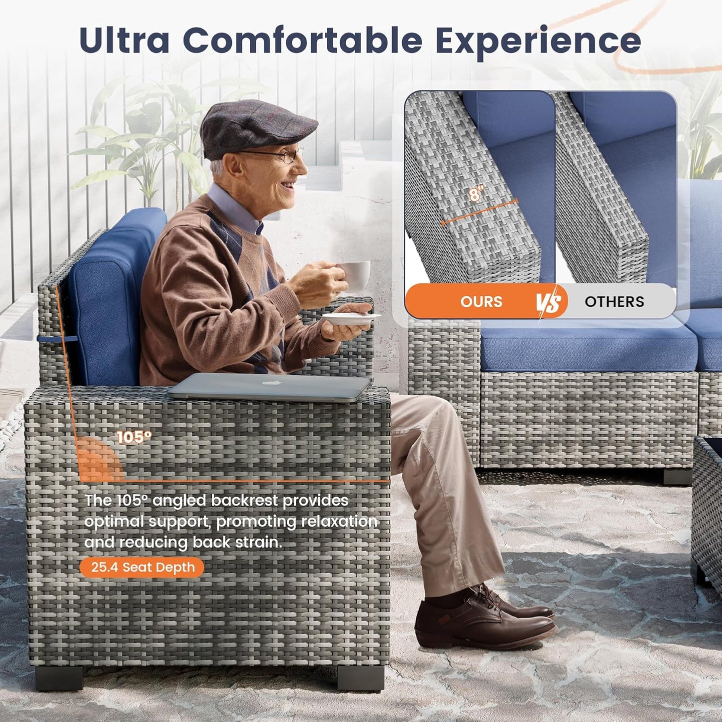 UDPATIO Patio Furniture Set with Fire Pit Table, 8 Inch Armrest Outdoor Sectional Sofa, Wicker Outdoor Furniture Conversation Sets with Waterproof Cover for Backyard Deck(Grey/Navy Blue)