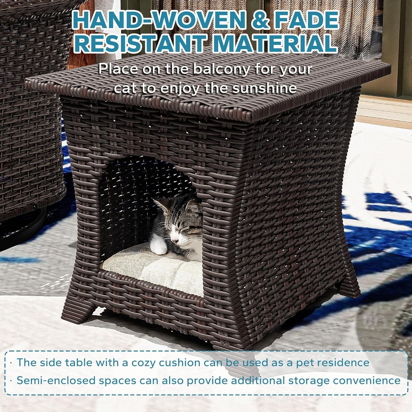 7 Pieces Patio Conversation Set, 78" Wicker 3-Seat Couch with Washable Cushions, 2 Glider Swivel Rocker Chairs, 2 Armchairs, Metal Table, Rattan Cat Bed End Table for Lawn (Navy Blue)