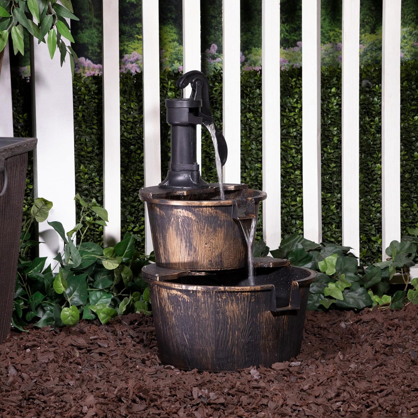 Alpine Corporation - Outdoor Rustic 2-Tiered Barrel and Pump Water Fountain – Bronze Finish, Relaxing Water Flow, Ideal for Garden, Patio, & Yard Décor, 27"H