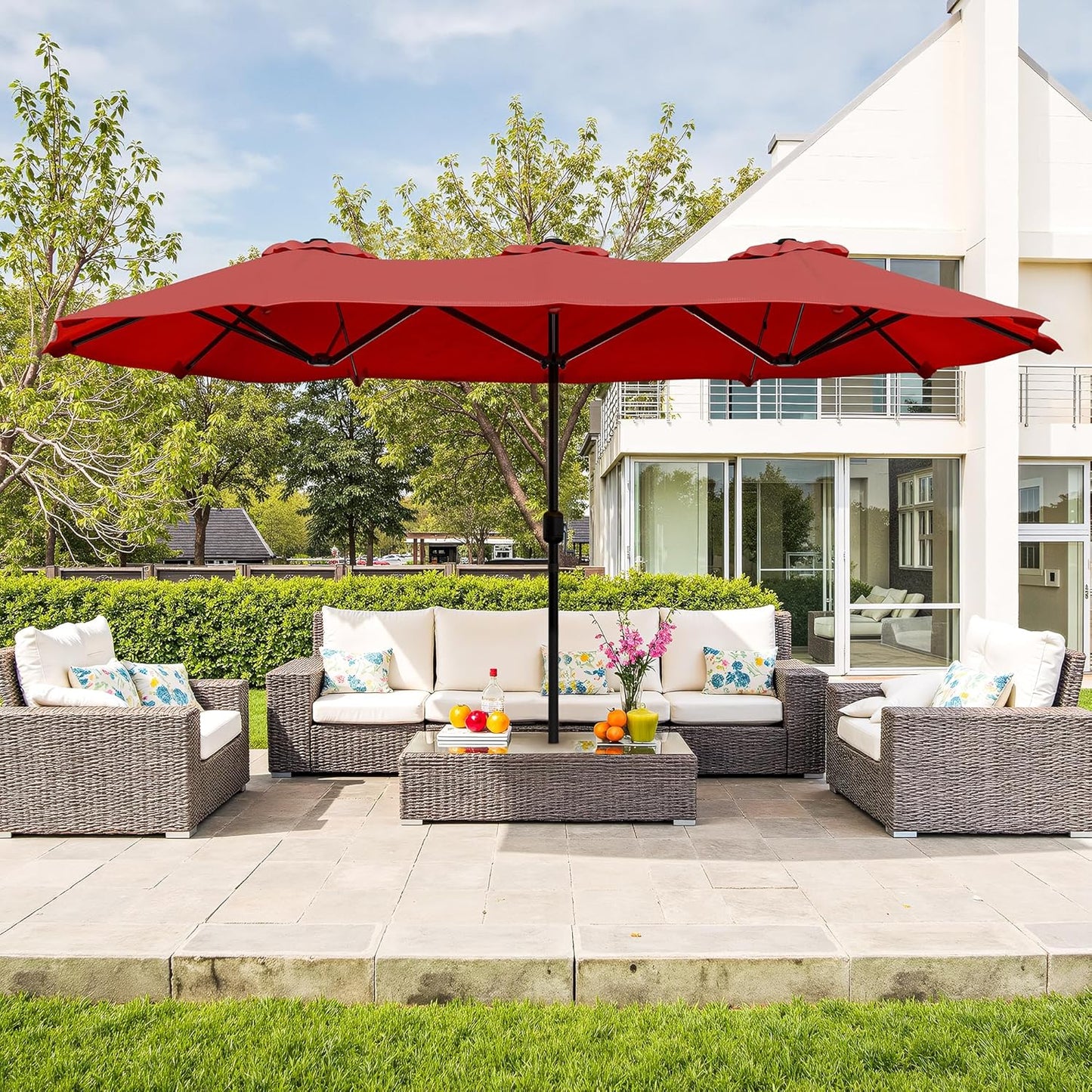 Vongrasig 15FT Large Patio Umbrella with Base Included, Outdoor Double sided Umbrellas with Crank Handle, Rectangle Table Umbrella for Pool Lawn Garden Market