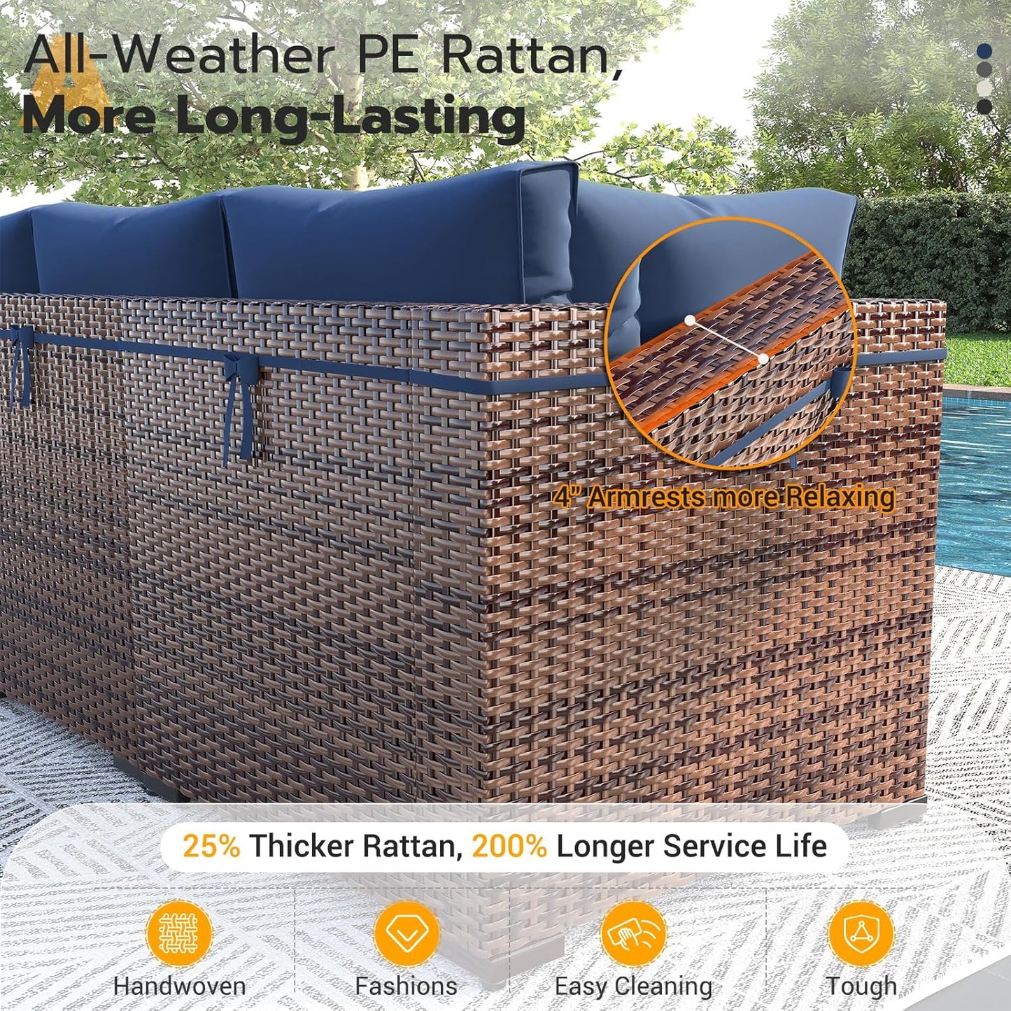 UDPATIO Patio Furniture Set, 7 Piece Outdoor Sectional Sofa, Modular Wicker Outdoor Furniture Conversation Sets with Waterproof Cover for Backyard Deck(Brown/Navy Blue)