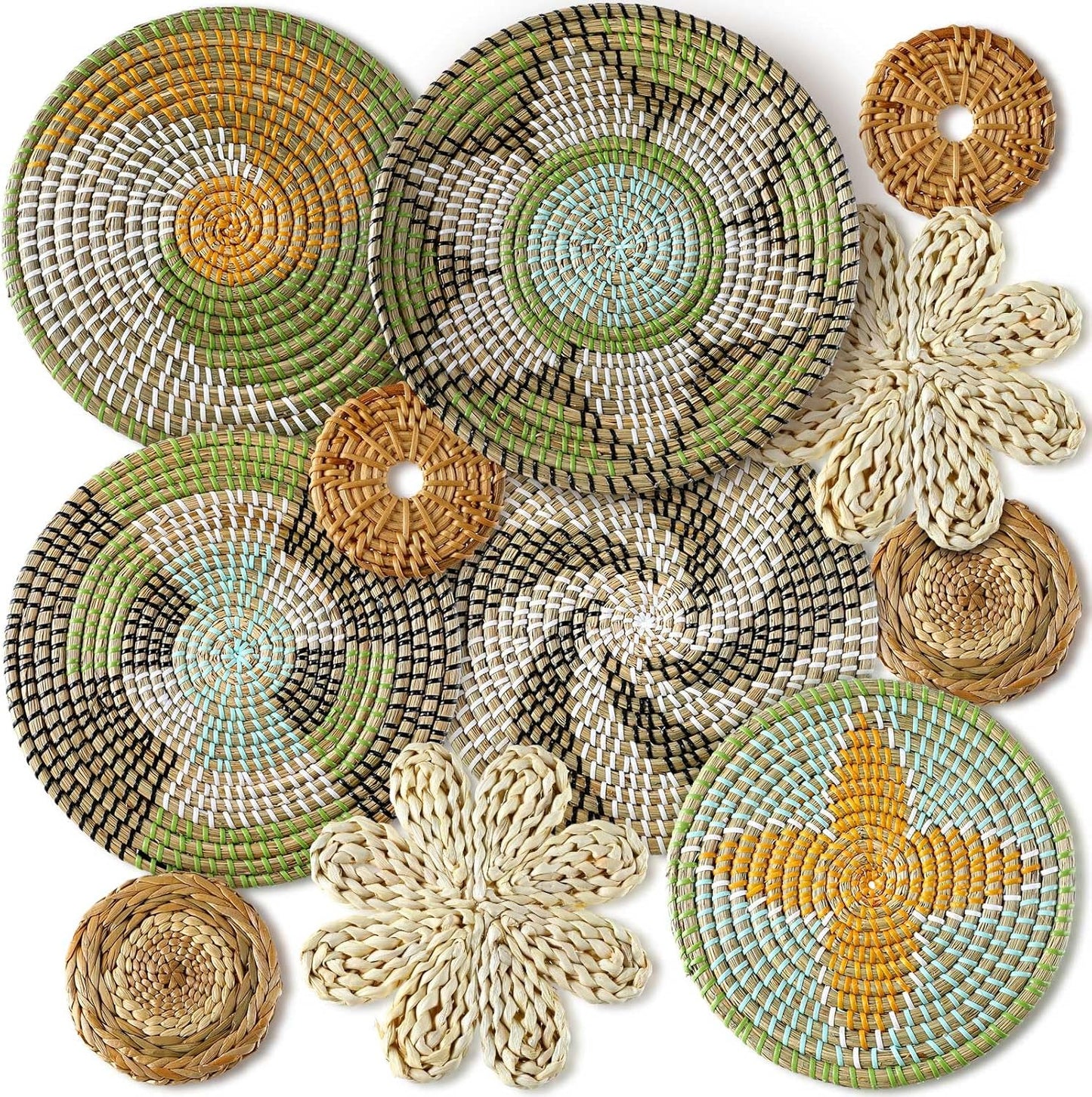 Tatuo 11 Pcs Boho Wall Basket Decor Decorative Bulrush Woven Basket Wall Decor Art Round Farmhouse Hanging Baskets for Kitchen Rustic Home Summer Decorations, Multi Sizes(Stylish)