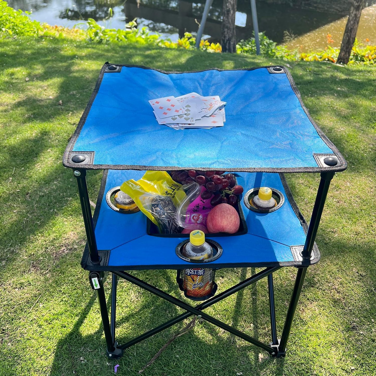 Portable Folding Camping Table with Cup Holders – Lightweight & Compact 2-Tier Outdoor Table with Storage, Ideal for Card Games, Snacks, Picnic, Tailgating & Camping (Blue + Black)