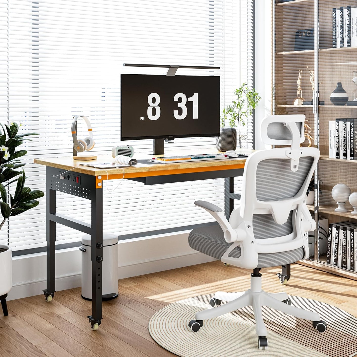 60" Adjustable Workbench on Wheels, 2000 LBS Heavy Duty Work Table with Power Outlets & Pegboard, Rubber Wood Workstation for Garage, Workshop, Office, Home, Commercial