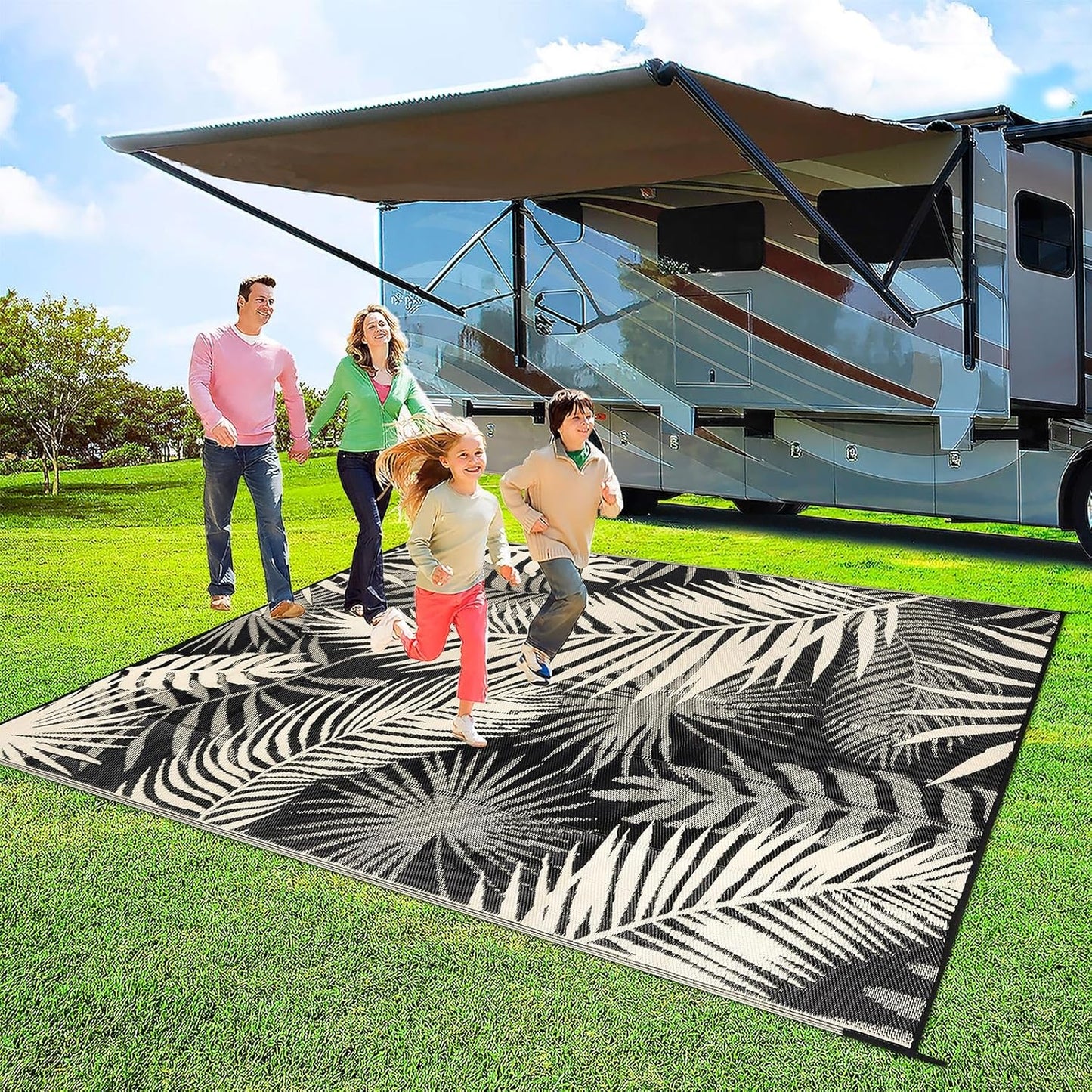 Outdoor Rug Waterproof for Patios Clearance, Reversible Outdoor Plastic Straw Rug Camping Carpet, Outside Floor Mats Large Area Rugs for RV,Patio,Deck,Porch,Beach, Balcony，8'x10',Black&Beige
