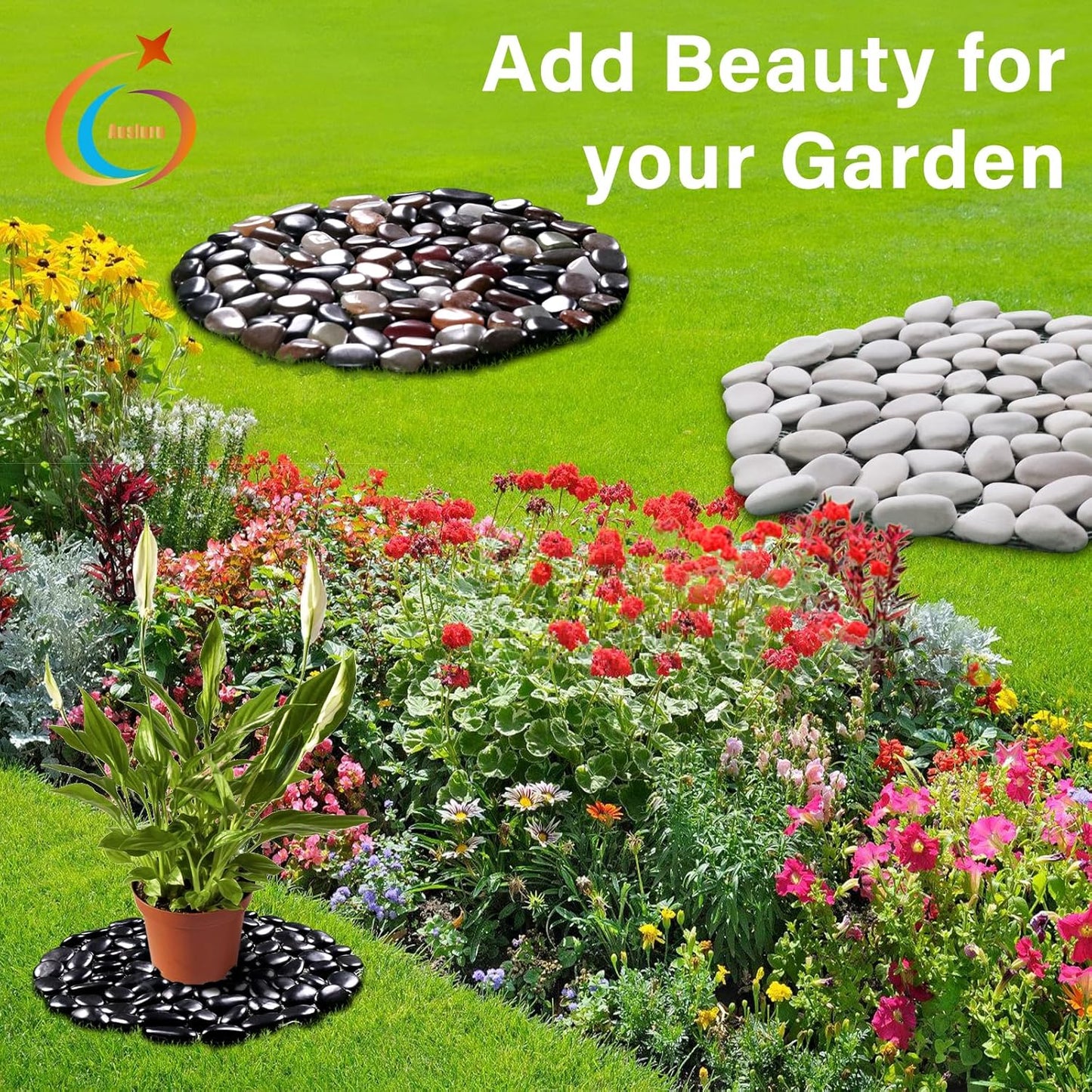 10in River Rock Stepping Stones Set - 6 Pack | Polished Pebble | Long-Lasting PVC Mesh Backing | Perfect for Garden Paths and Lawns Outdoor Landscaping Decoration | Rhombus and Round Set