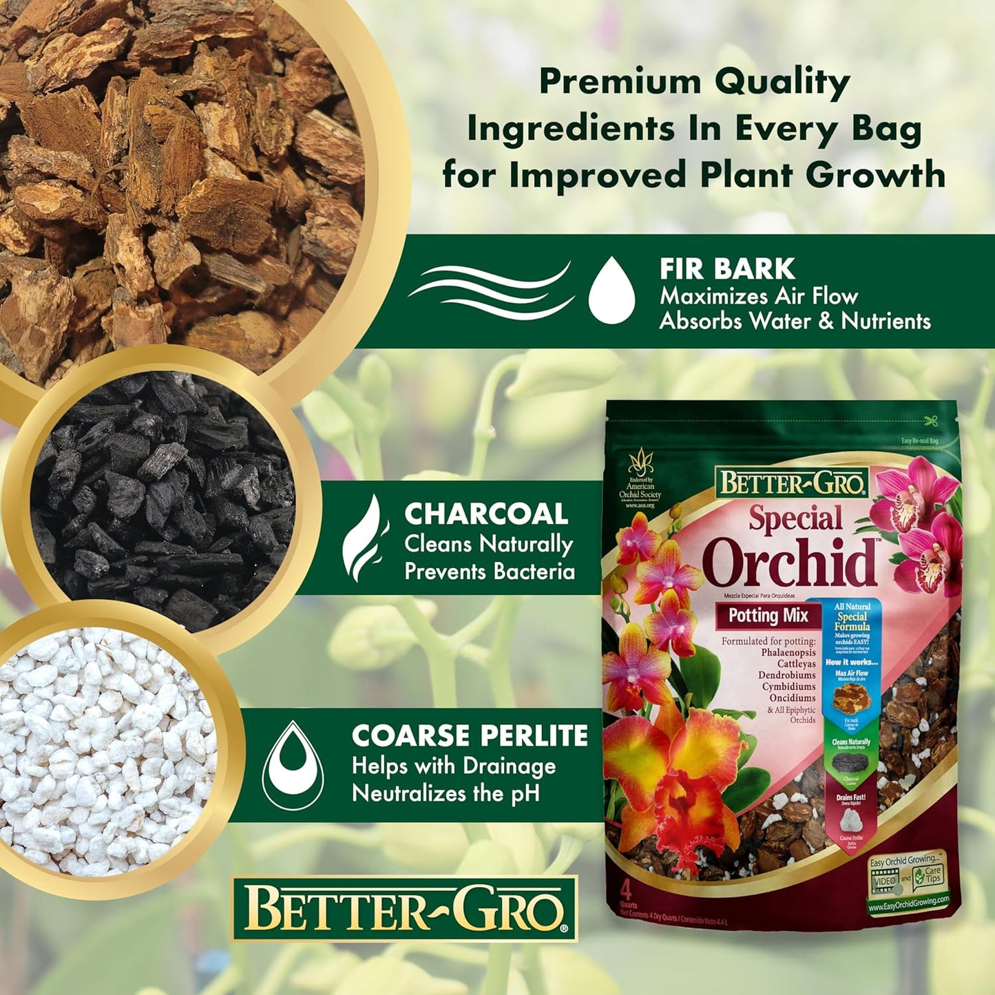Better-Gro Special Orchid Mix - Premium Grade Orchid Bark Potting Mix for Potting, Repotting, Enhanced Drainage, Air Flow & Root Ventilation, Ideal for Phalaenopsis, Cattleyas, Dendrobiums - 8 Quarts