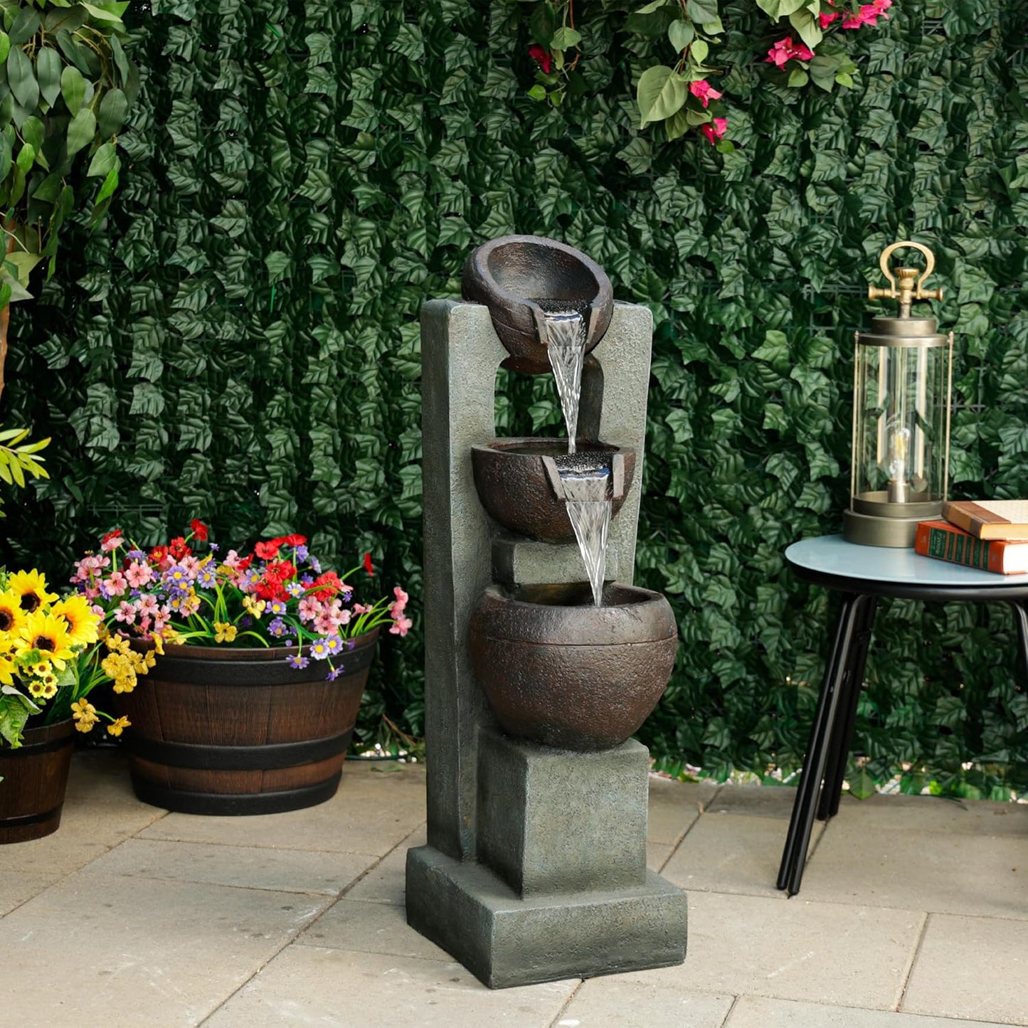 Alpine Corporation TZL400 34" 3 Tier Basin Cascading Fountain with LED Lights, Elegant Outdoor Water Feature for Garden, Patio, Yard & Outdoor Spaces, Relaxing Waterfall Fountain, Gray