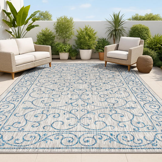 JONATHAN Y SMB106C-5 Charleston Vintage Filigree Textured Weave Indoor/Outdoor Gray/Navy 5 ft. x 8 ft. Area Rug, Classic,Easy Cleaning,HighTraffic,LivingRoom,Backyard, Non Shedding