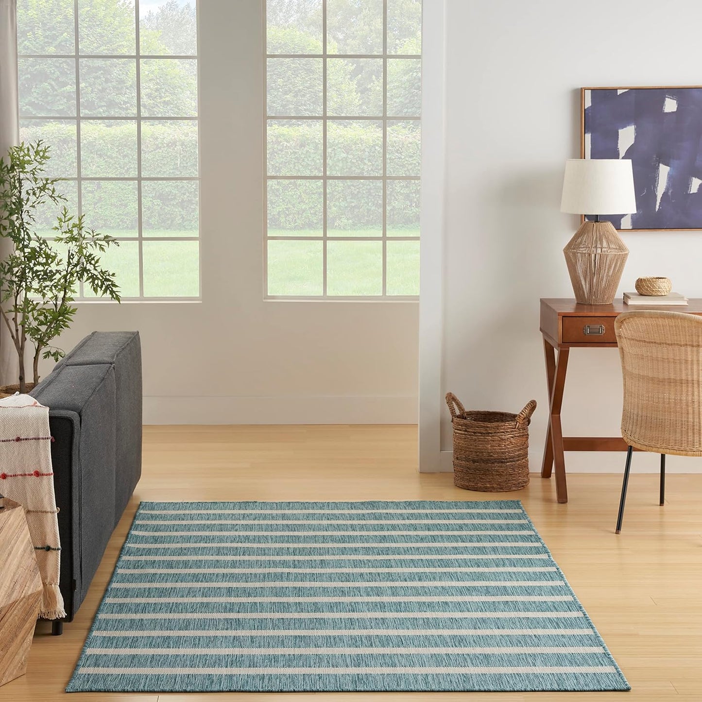 Nourison Home Positano Indoor/Outdoor Aqua Ivory 5' x 7' Area Rug, Easy Cleaning, Non Shedding, Bed Room, Living Room, Dining Room, Deck, Backyard, Patio (5x7)