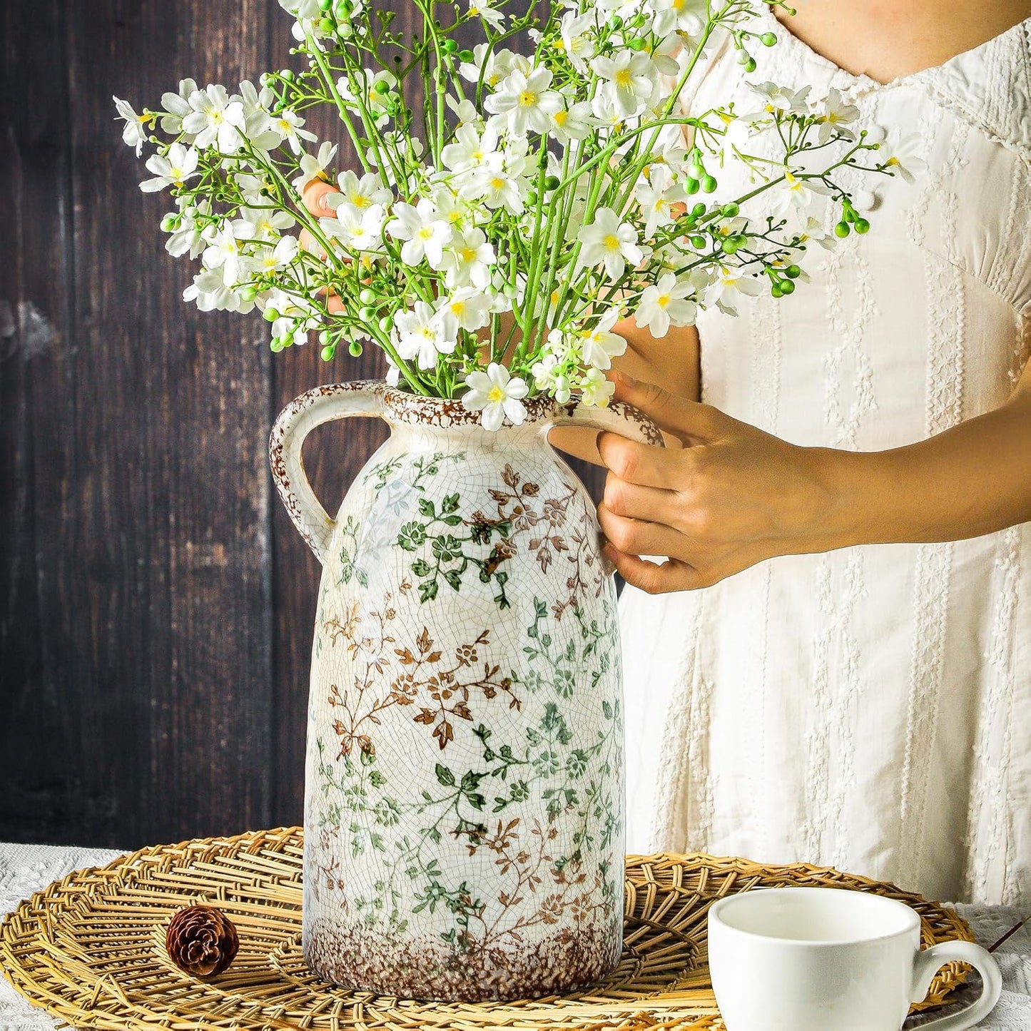 Enra Large Vintage Green and Beige Ceramic Chinoiserie Floral Vase, 11.2 Inch Rustic Decorative Flower Vase for Home, Living Room, Kitchen, or Office – Pastoral Retro Design