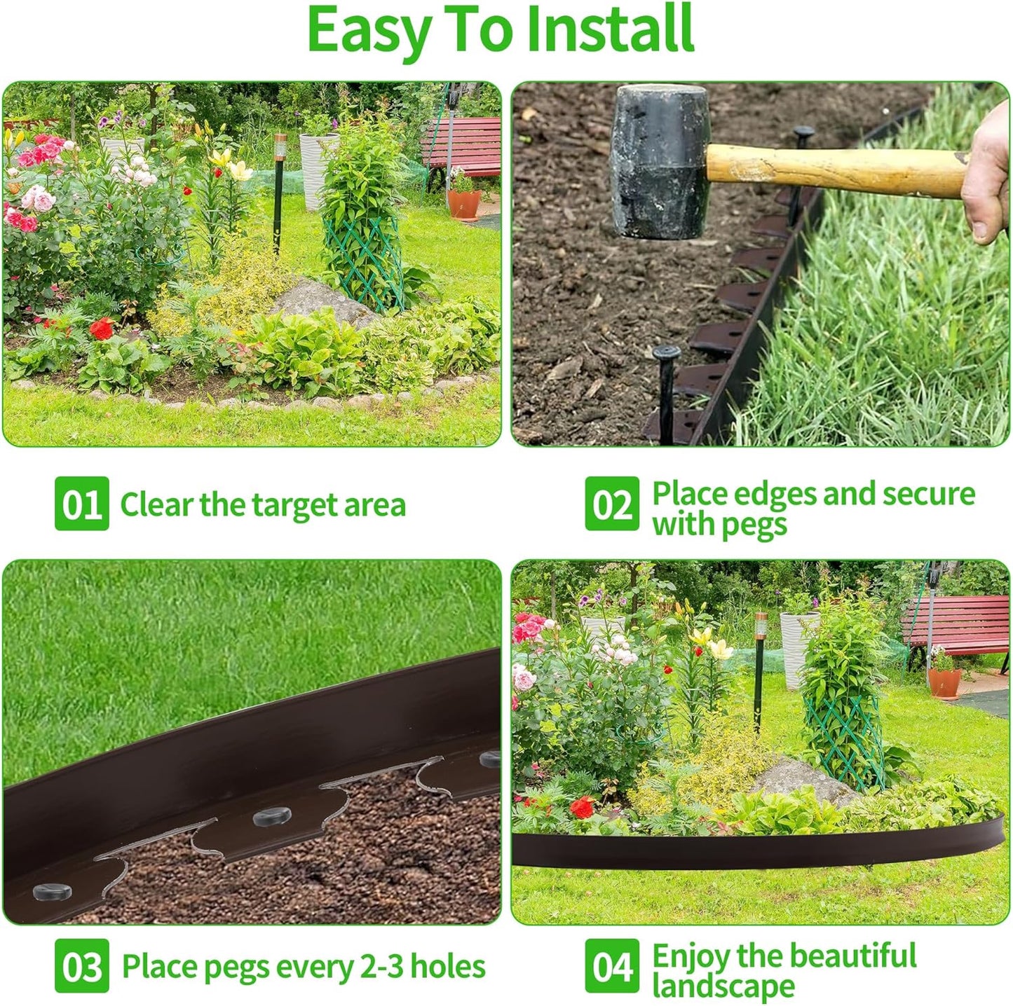 2" x 33FT Landscape Edging Kit, Garden Edging Coil Comes with 30 Pcs Spikes, No Dig Lawn Border Design, Brown