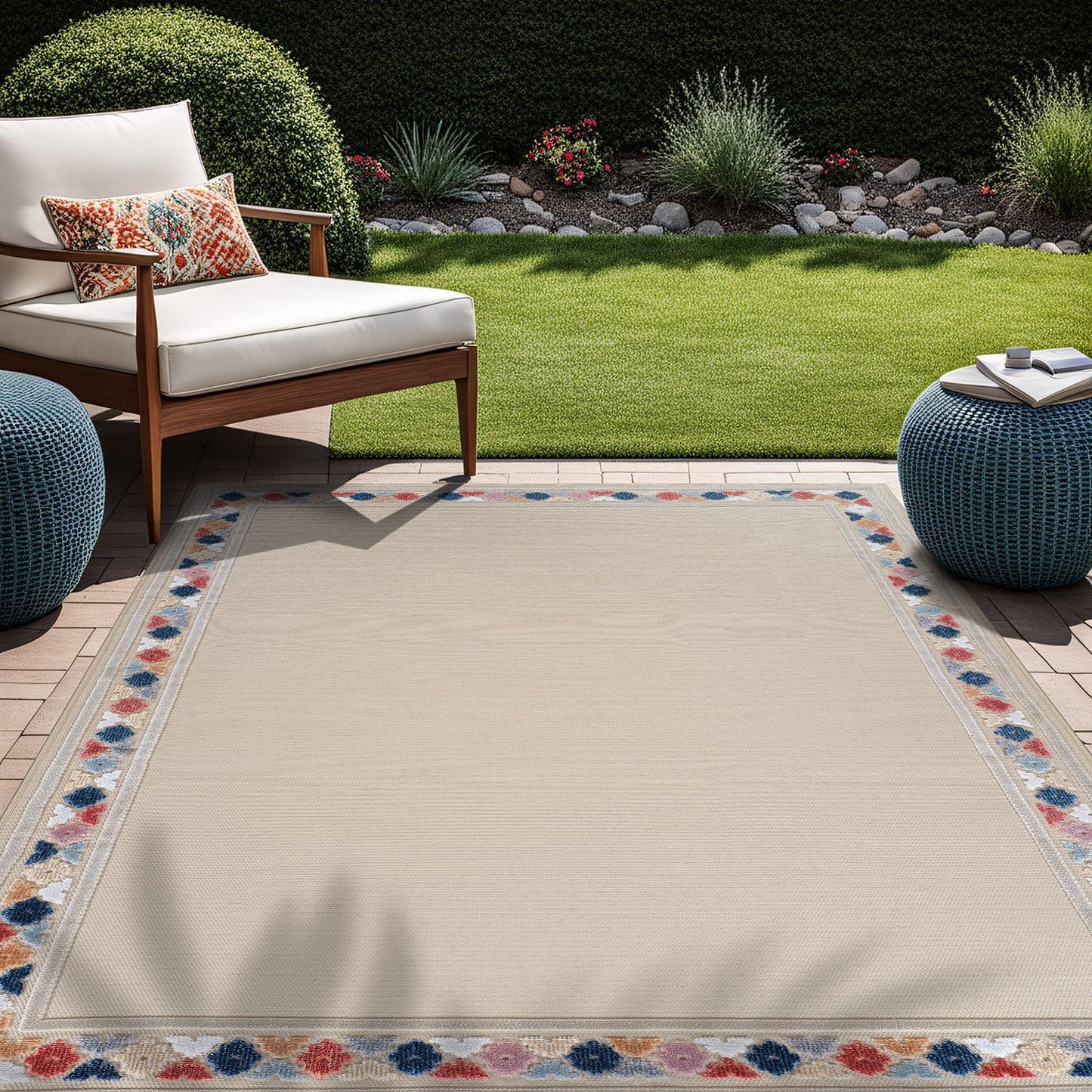 Beverly Rug Outdoor Rug 10x14 Modern Bordered Large Area Rugs for Indoor and Outdoor Patio Easy to Clean Non Shedding Living Room Porch Garden Washable Outside Carpet (10 x 14 Beige)