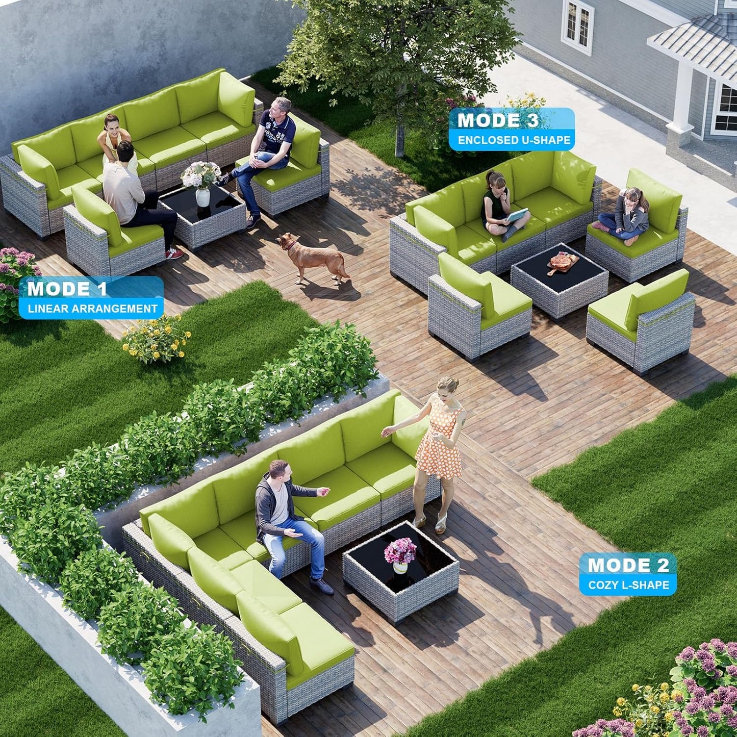 7-Piece Patio Furniture Set, Outdoor Sectional with Thick Cushions, Modular Patio Sofa, Dual-Strand Wicker Rattan, Rust-Resistant Frame, Backyard Furniture for Garden, Deck, Grass Green