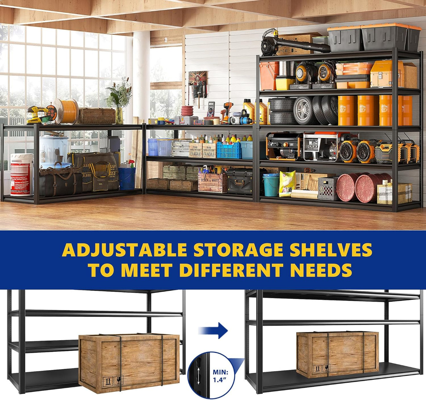 REIBII Garage Shelving 48.2" W Storage Shelves 3000LBS Metal Shelving Heavy Duty Adjustable Metal Shelf 5 Tier Pantry Shelves for Basement Warehouse Supermarket 72.2" H x 24.2" D x 48.2" W, 4 Pack