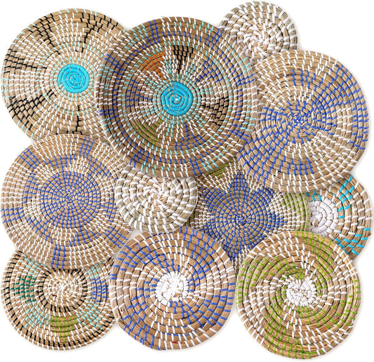 Tatuo 11 Pcs Boho Wall Basket Decor Decorative Bulrush Woven Basket Wall Decor Art Round Farmhouse Hanging Baskets for Kitchen Rustic Home Summer Decorations, Multi Sizes(Multicolour)