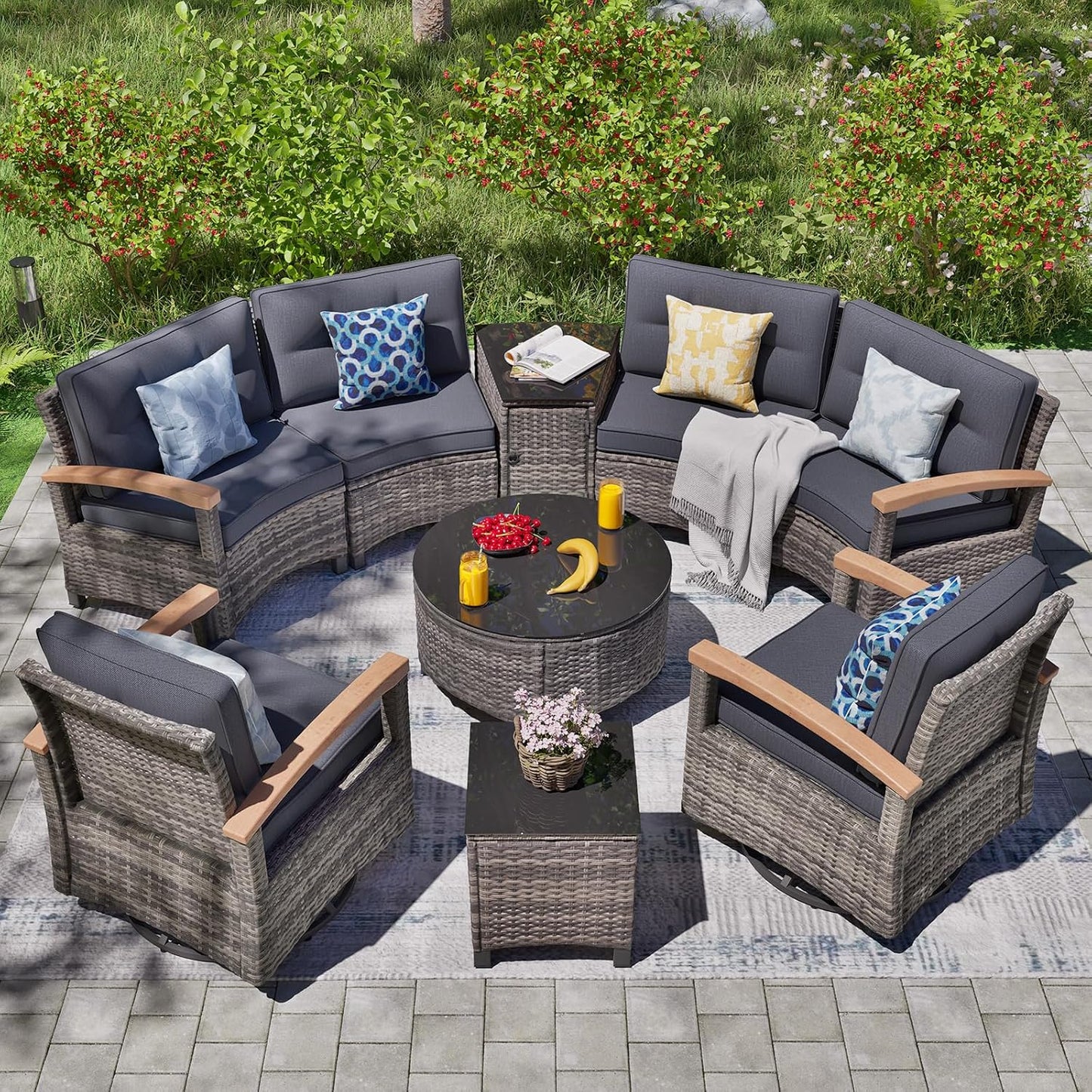 9-Piece Outdoor Patio Furniture Set, Half-Moon Curved Sectional Set with Wood Armrests, Patio Conversation Set, Tempered Glass Coffee & Side Tables (Grey)