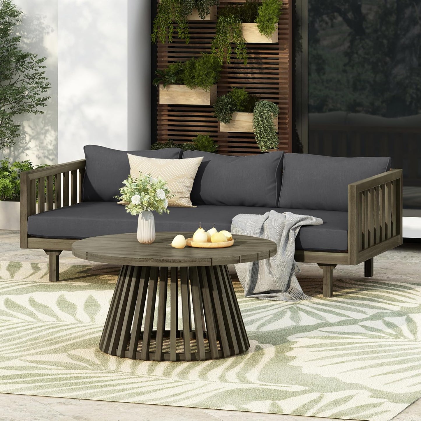 Christopher Knight Home Claremont Patio Sofa and Coffee Table Set, 2 Piece Outdoor Patio Furniture Set with Cushion, Acacia Wood 3 Seater Outdoor Sofa Daybed and Coffee Table Set, Dark Grey+Grey