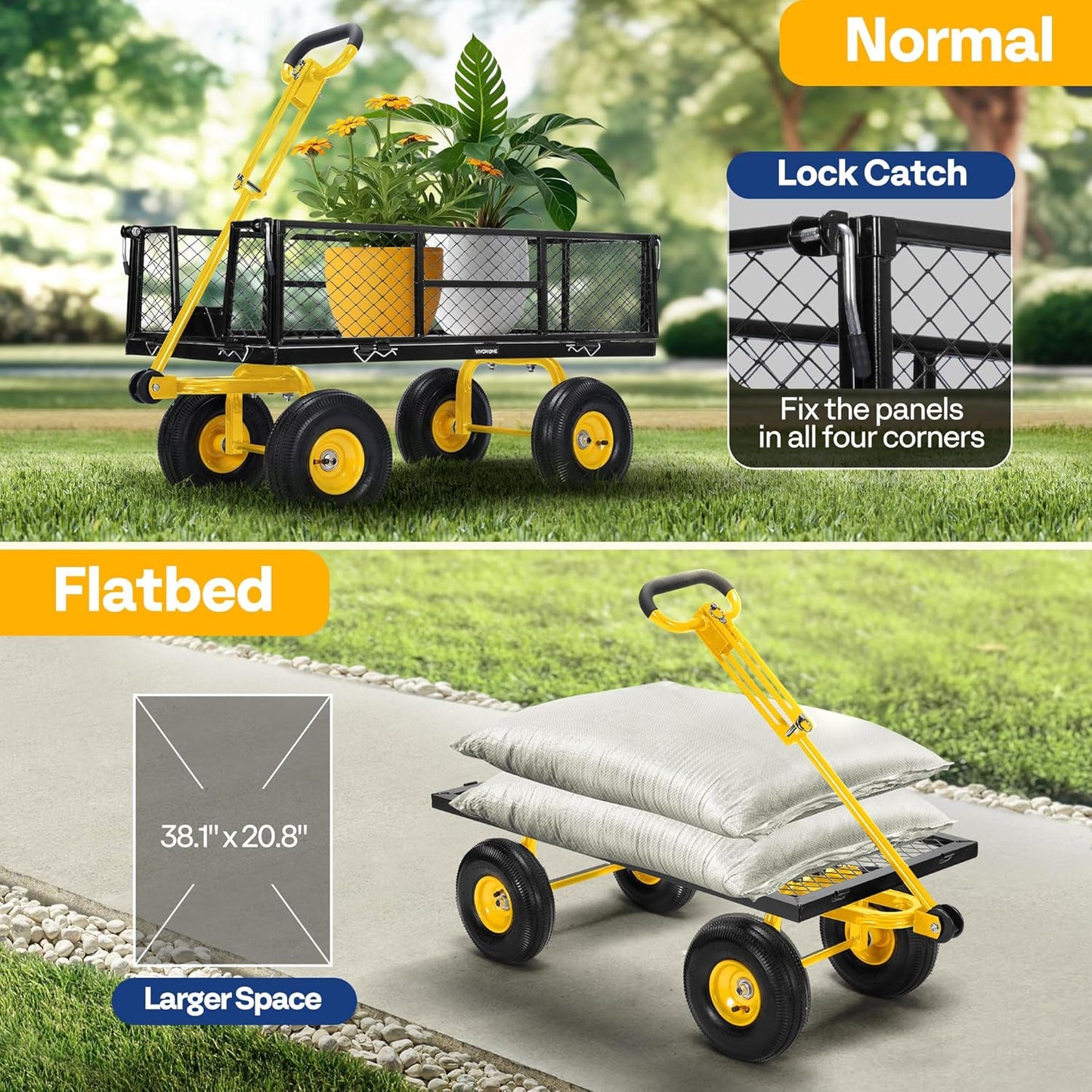 VIVOHOME Garden Cart Steel Heavy Duty 900 LBS Yard and Garden Wagon with 10 inch Tire and Handle Attach to ATV or Tractor Black