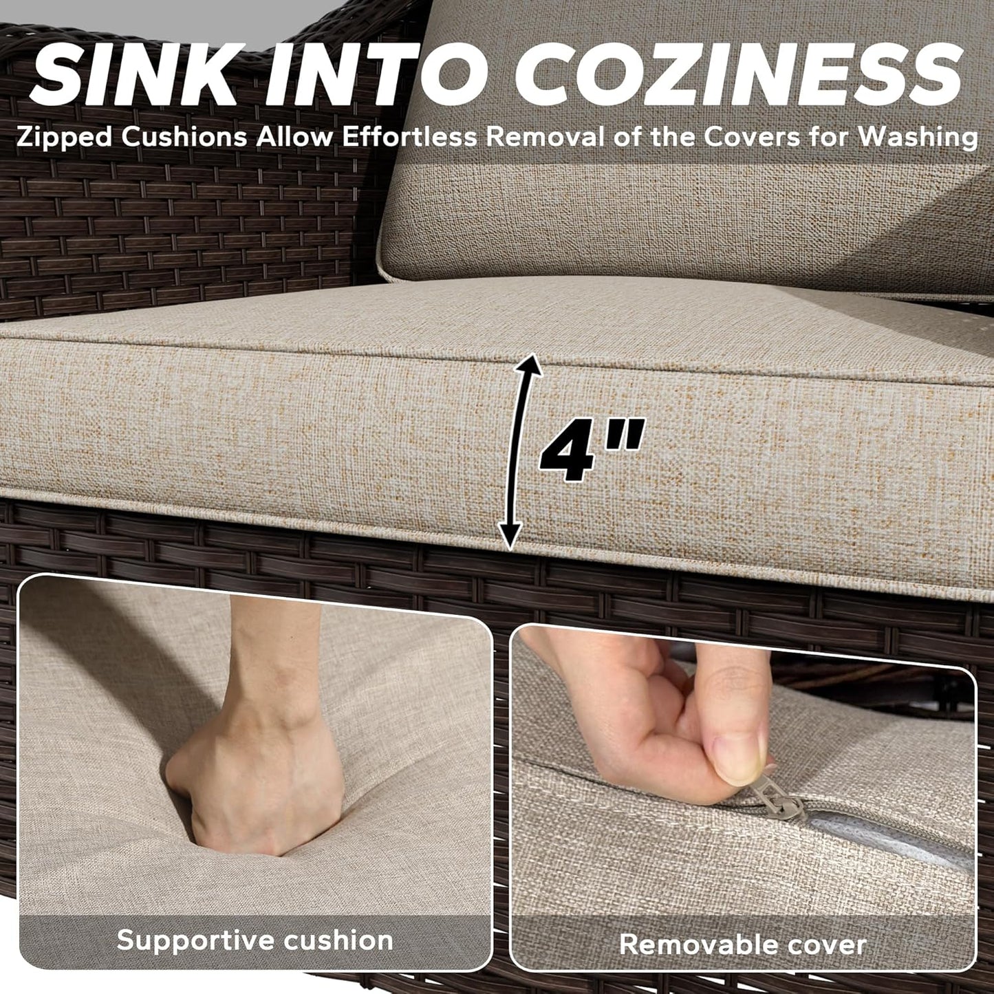 Patio PE Rattan Chairs Set of 2, All-Weather & Steel Frame Outdoor Conversation Furniture Set with Washable Cushions for Garden, Bistro, Deck, Yard (Beige)