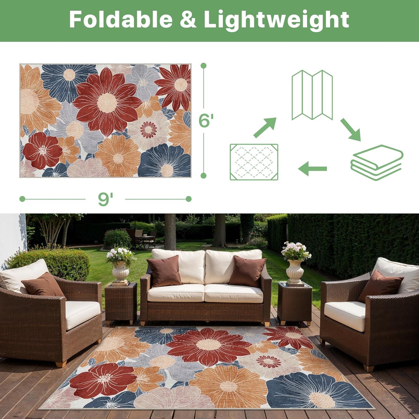 GENIMO Indoor Outdoor Area Rug 6' X 9' Waterproof, Washable Patio Rug Non Shedding, Easy Cleaning Floral Outdoor Carpet for Living Room, Bedroom, Dining Room, Balcony, Backyard, Deck, RV, Red Blue