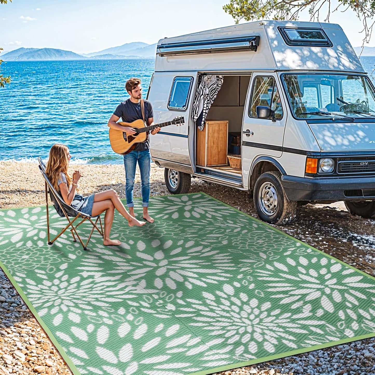 8'x10' Reversible Outdoor Rug - Eco-Friendly Plastic Straw Rug-Heavy-Duty Waterproof Mat, UV & Fade Resistant for Patio, Camping, RV, Deck, Balcony(8x10,Lake Blue&Floral)