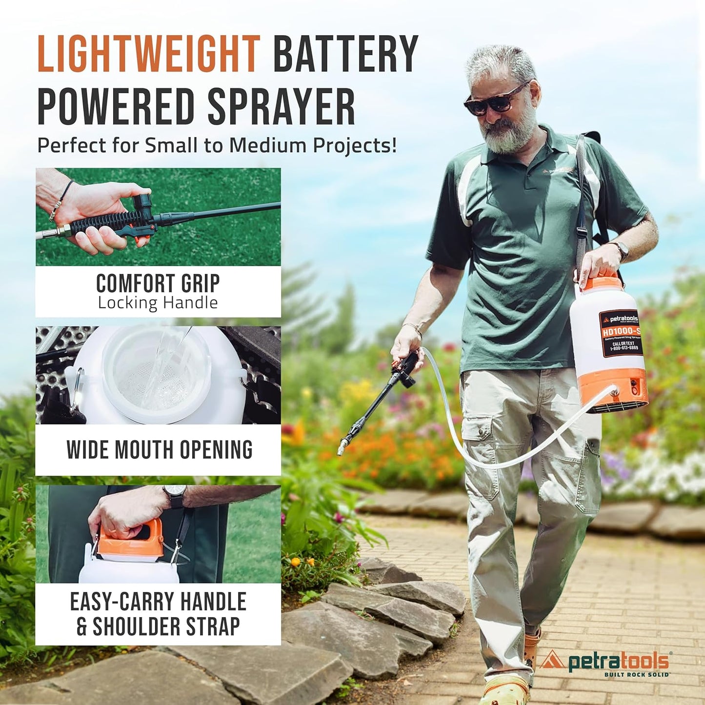 PetraTools Battery Powered Sprayer 1 Gallon - HD1000-S - Heavy Duty Electric Sprayer for Lawn and Garden Weed/Pest Control, Watering - with Battery, Charger & 2 Nozzles (1 Gallon)