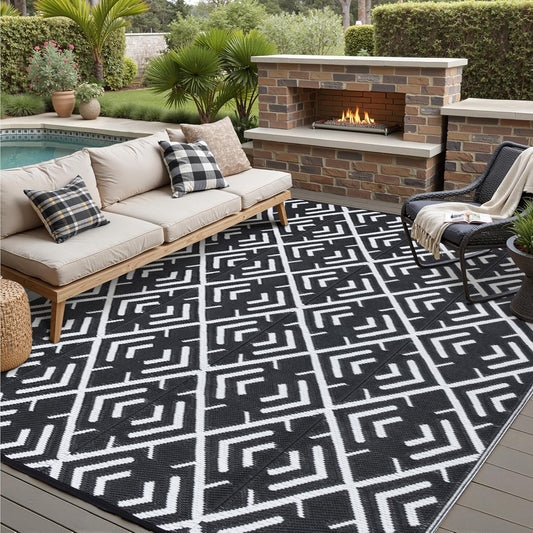 RV Outdoor Rug Waterproof Mat Outdoor Rugs 9'x12' for Patios Clearance Carpet Outdoor Camping Rugs Large Plastic Straw Rug(8x10ft Geometric Black&White)